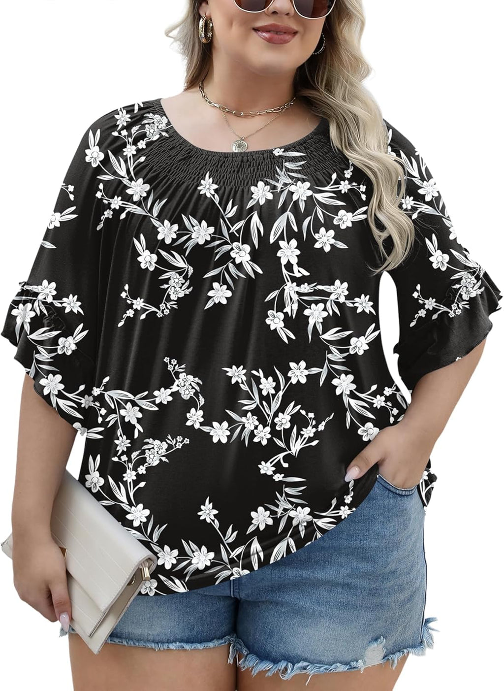 Micoson Womens Plus Size Tops 3/4 Ruffle Sleeve Shirts Crewneck Pleated Blouses Dressy Casual Fashion Tunic Top (1X-5X)
