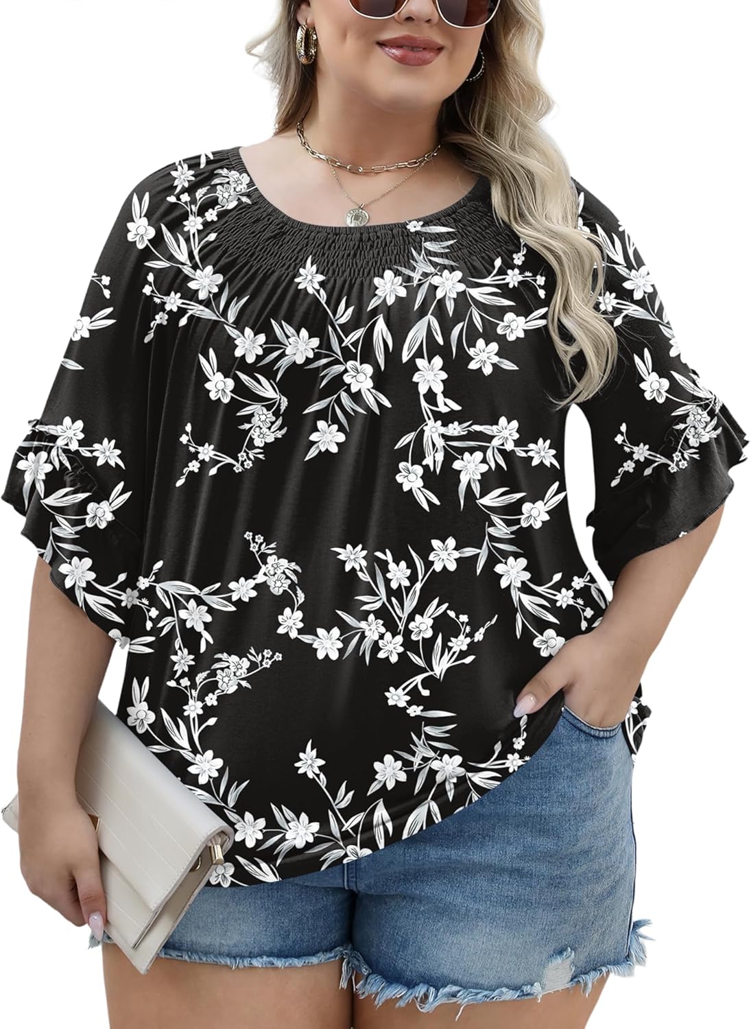 Micoson Womens Plus Size Tops 3/4 Ruffle Sleeve Shirts Crewneck Pleated Blouses Dressy Casual Fashion Tunic Top (1X-5X)