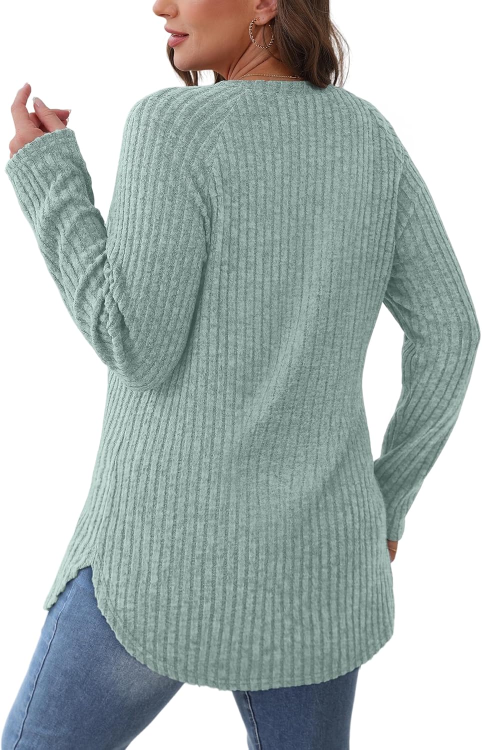 Saloogoe Long Sleeve Shirts for Women 2025 Fall Clothes Tunic Tops Loose Fit Dressy Crewneck Pullover Sweaters Curved Hem