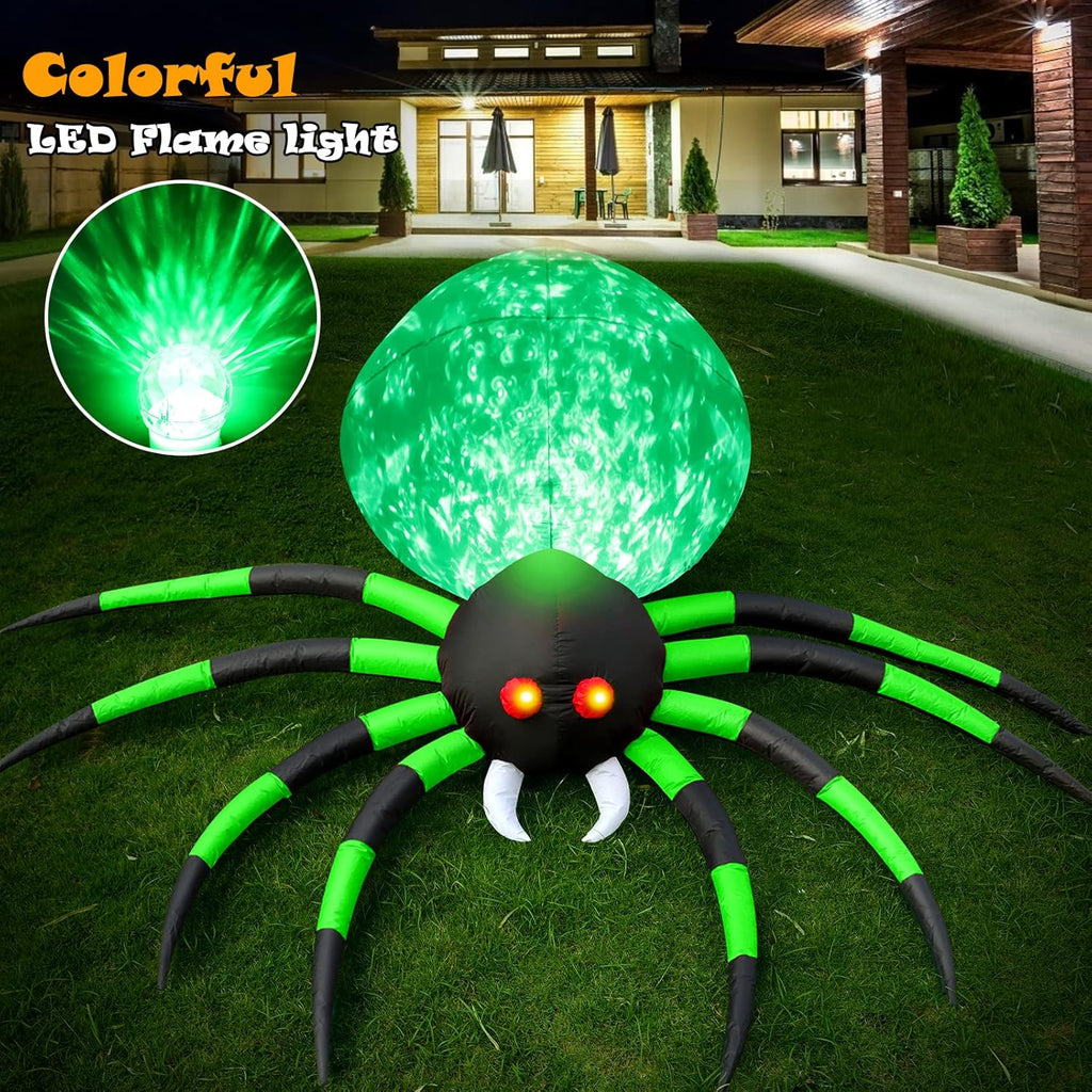 8FT Halloween Inflatables Spider Outdoor Decorations for Yard, Giant Blow up Green Spider with Rotating Fire Flame Light, Large Spooky Spider Props for Halloween Party Garden Lawn House Holiday Decor