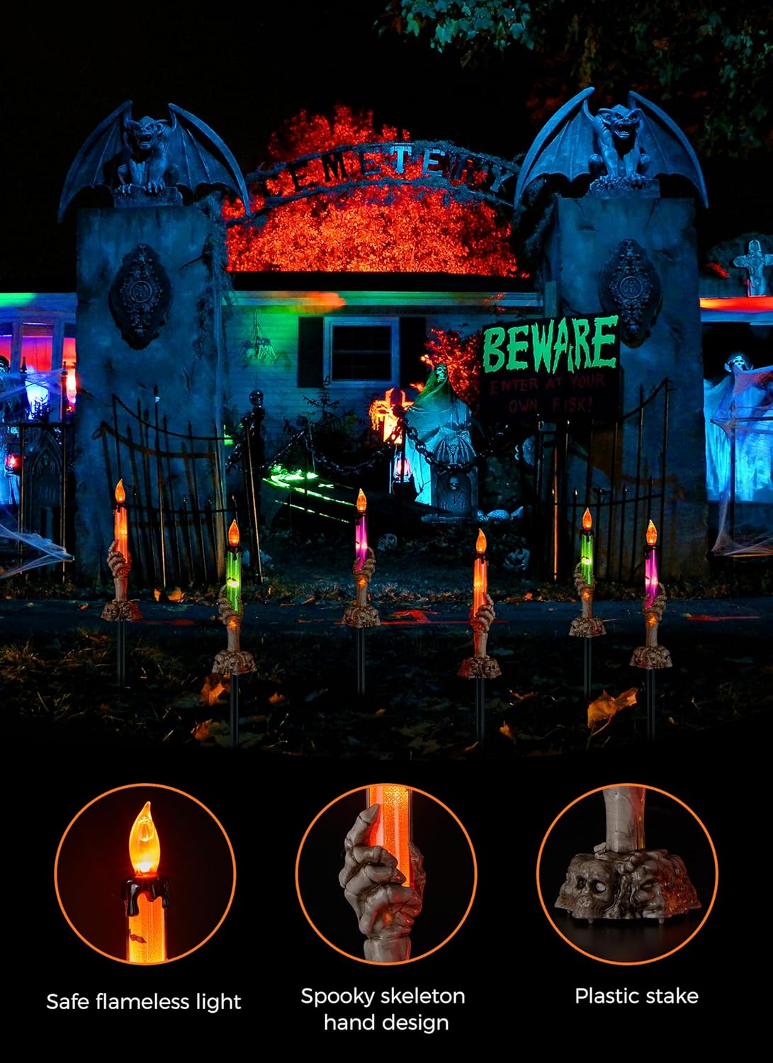 Halloween Decorations, 6 Pack Skeleton Hands Hold Lighted Candle Stakes, Waterproof Battery Operated Pathway Decor with Timer, Light Up for Tabletop Indoor Outdoor Party Lawn Yard Garden Warm White