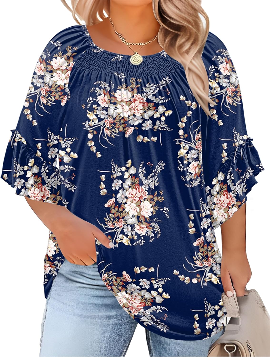 Micoson Womens Plus Size Tops 3/4 Ruffle Sleeve Shirts Crewneck Pleated Blouses Dressy Casual Fashion Tunic Top (1X-5X)