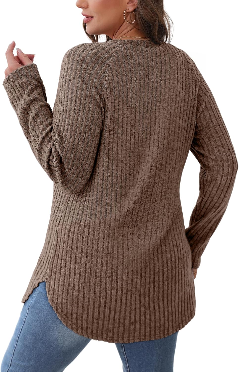 Saloogoe Long Sleeve Shirts for Women 2025 Fall Clothes Tunic Tops Loose Fit Dressy Crewneck Pullover Sweaters Curved Hem