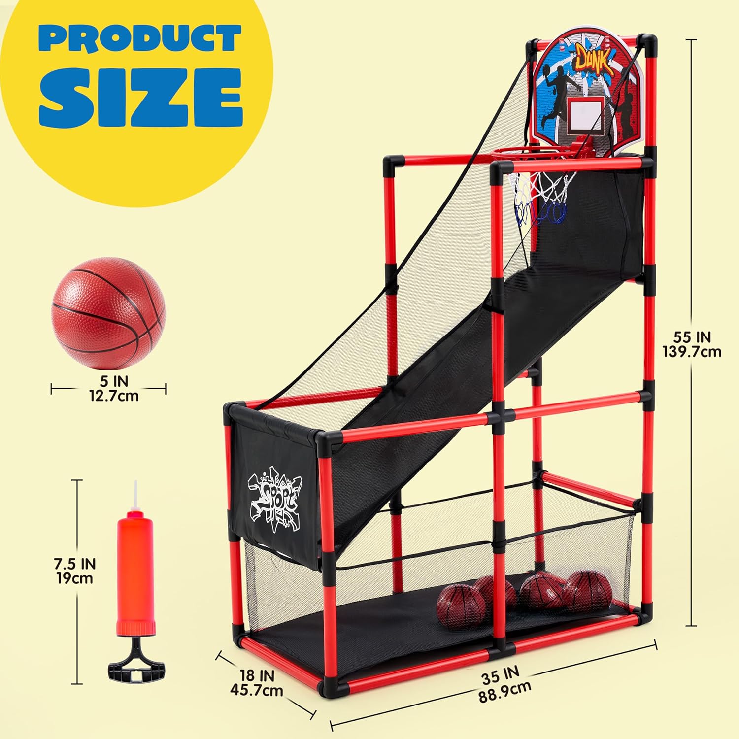 JOYIN Arcade Basketball Game Set with 4 Balls and Hoop for Kids 3 to 12 Years Old Indoor Outdoor Sport Play - Easy Set Up - Air Pump Included - Ideal for Competition