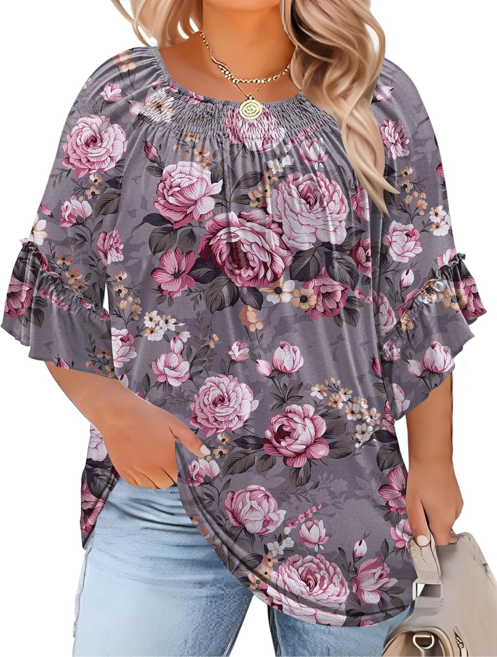 Micoson Womens Plus Size Tops 3/4 Ruffle Sleeve Shirts Crewneck Pleated Blouses Dressy Casual Fashion Tunic Top (1X-5X)