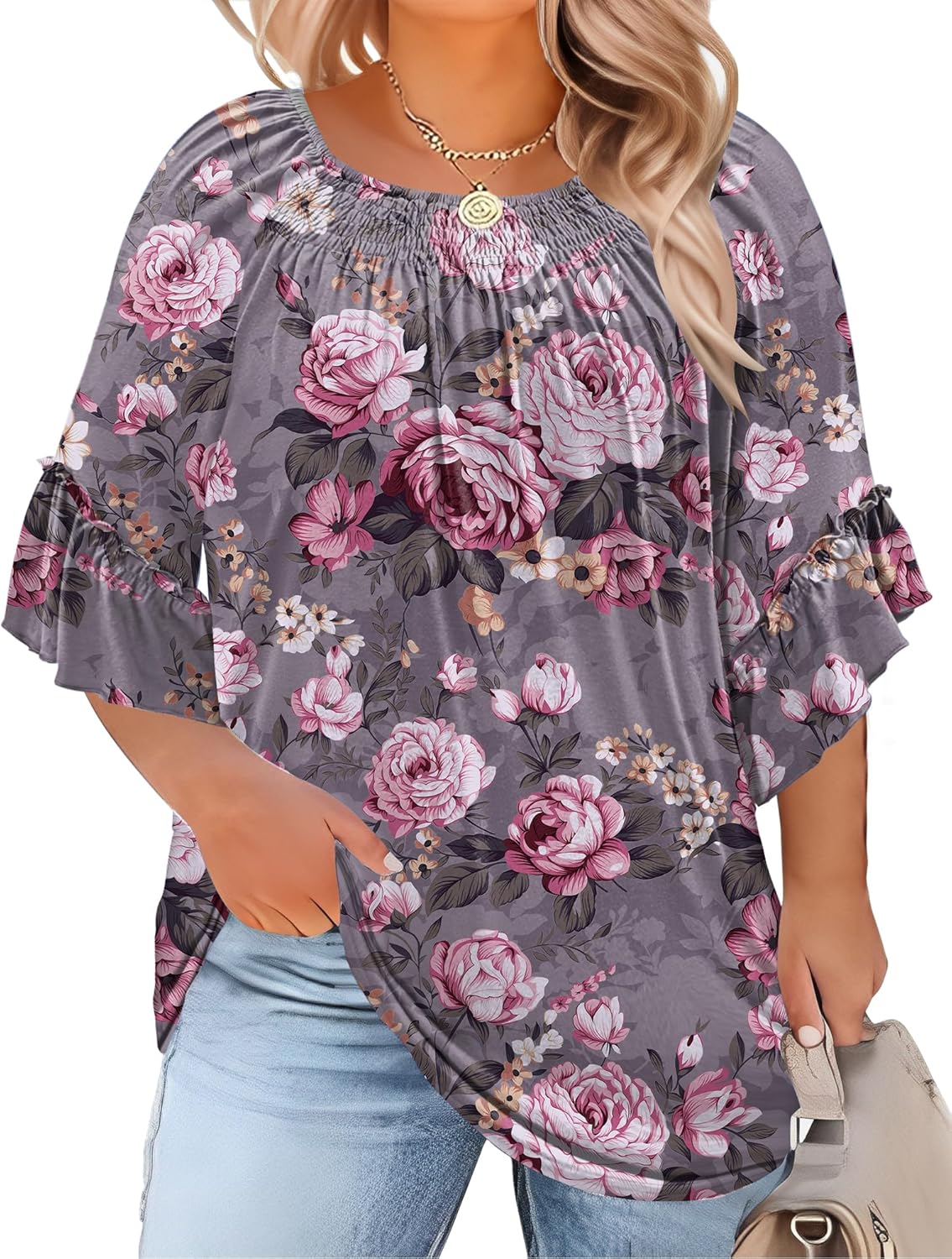 Micoson Womens Plus Size Tops 3/4 Ruffle Sleeve Shirts Crewneck Pleated Blouses Dressy Casual Fashion Tunic Top (1X-5X)