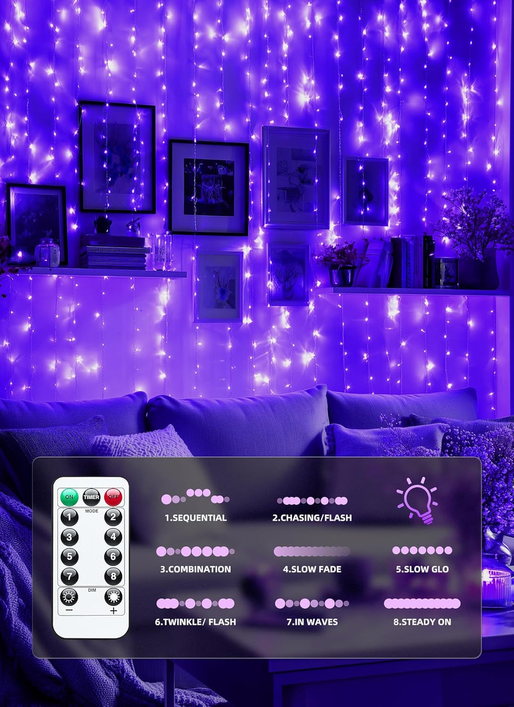 Brightown 300 LED Fairy Curtain Lights, 9.8ft x 9.8ft Warm White Curtain String Lights, USB Plug in 8 Lighting Modes Christmas Decoration, Hanging Lights with Remote for Bedroom Indoor Weddings Dorm