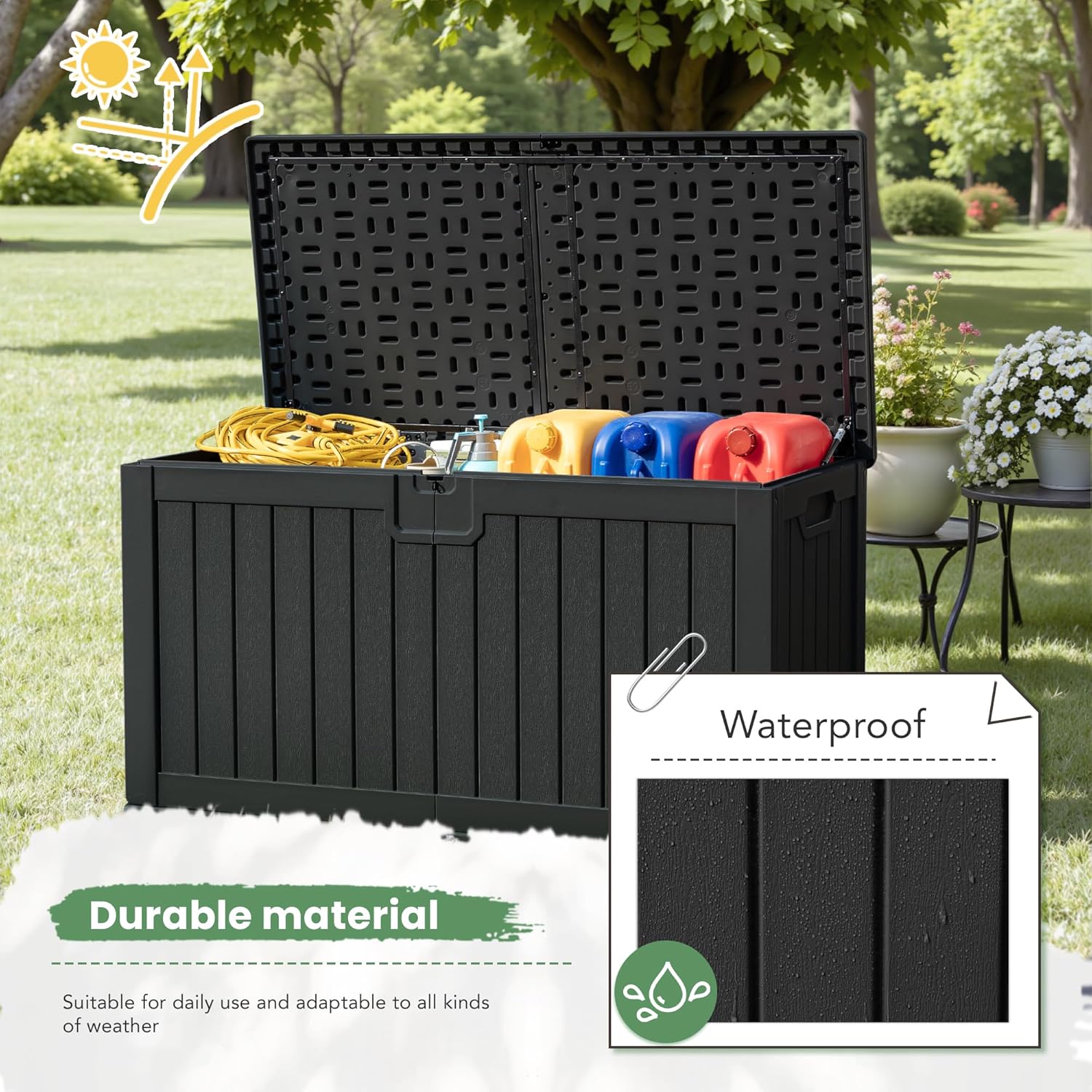 Greesum 31 Gallon Resin Deck Box Large Outdoor Storage for Patio Furniture, Garden Tools, Pool Supplies, Weatherproof and UV Resistant, Lockable, Dark Black