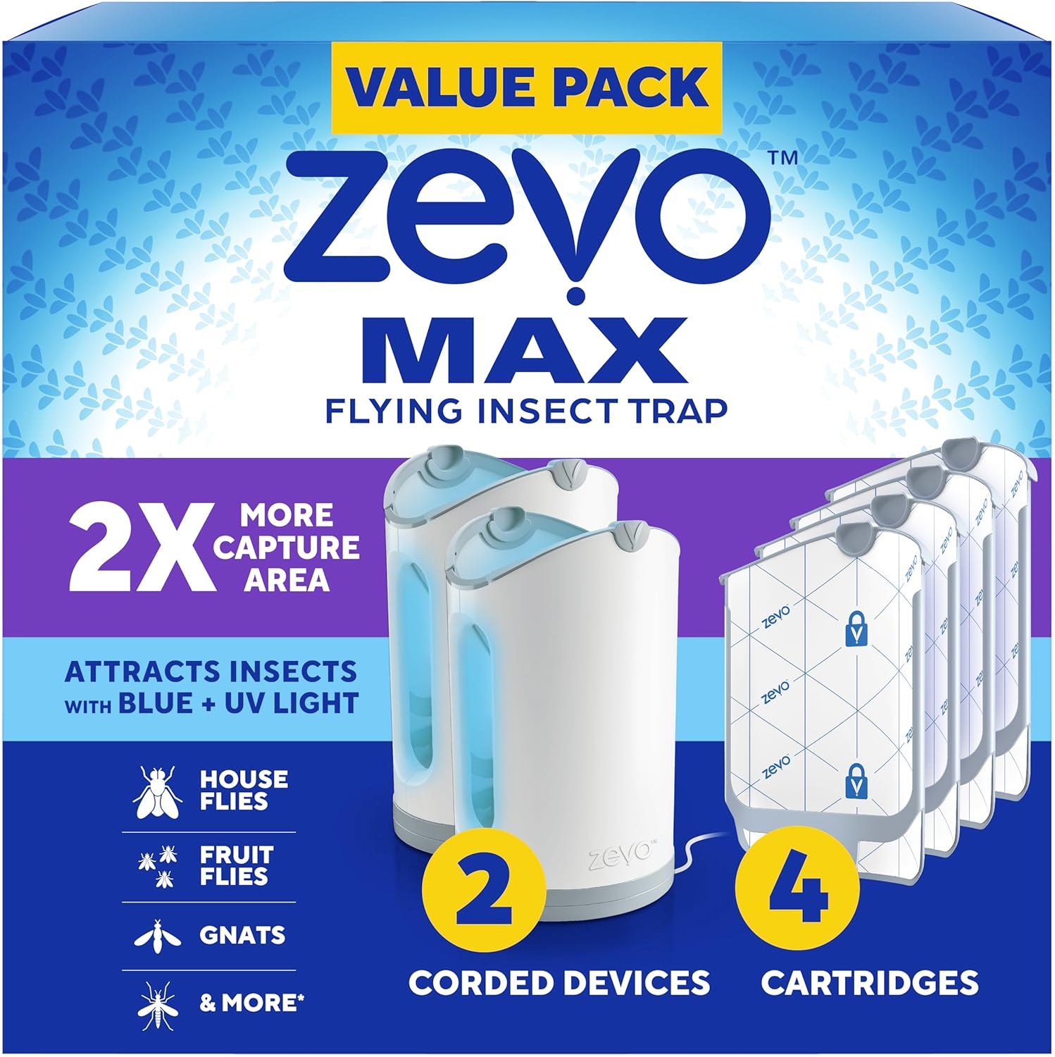 Zevo MAX Bug Catcher & Fly Trap for Indoors - Flying Insect Trap for Gnats, House & Fruit Flies - Use in Any Room - No-Mess Disposal (1 Plug in Base & 2 Cartridges)
