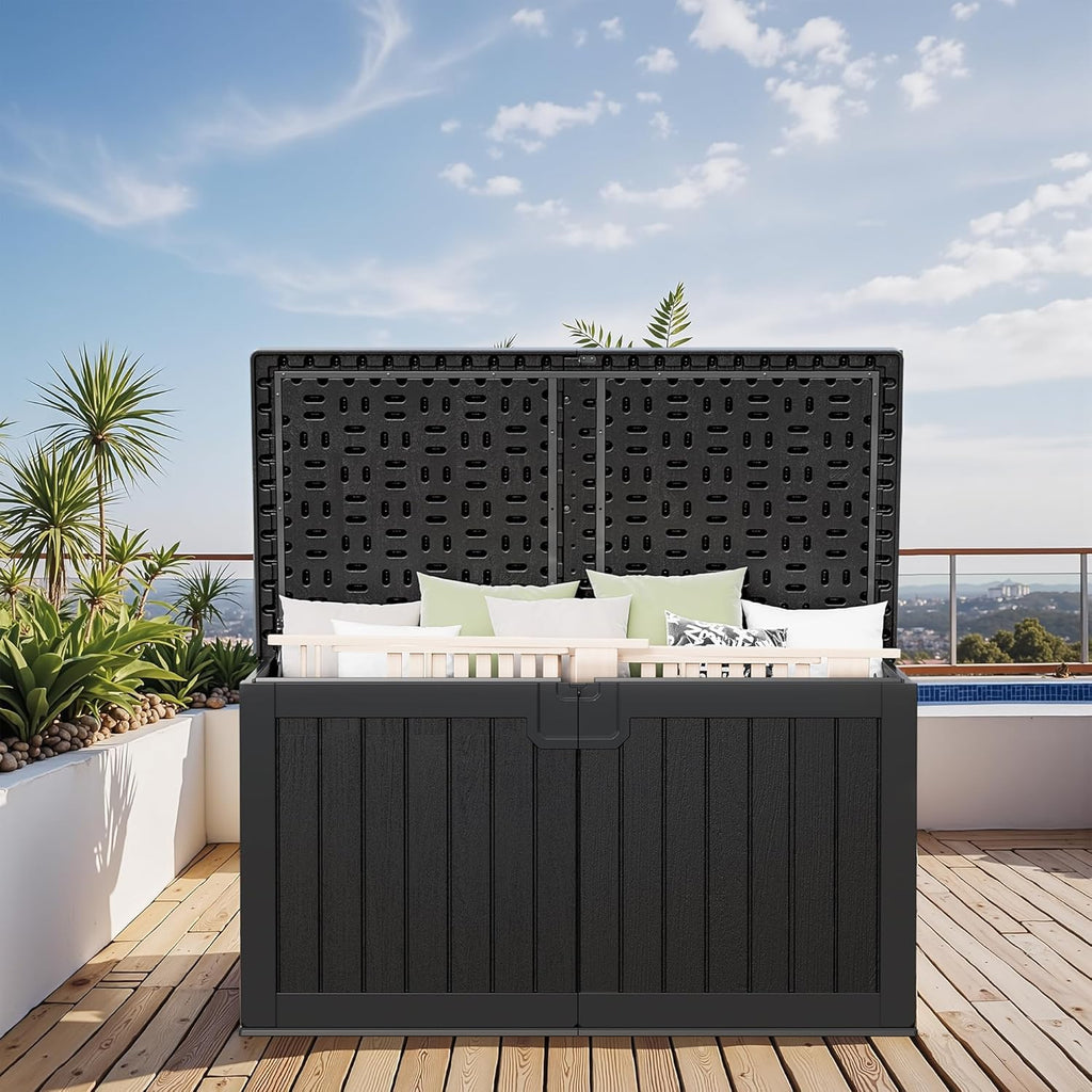 Greesum 31 Gallon Resin Deck Box Large Outdoor Storage for Patio Furniture, Garden Tools, Pool Supplies, Weatherproof and UV Resistant, Lockable, Dark Black