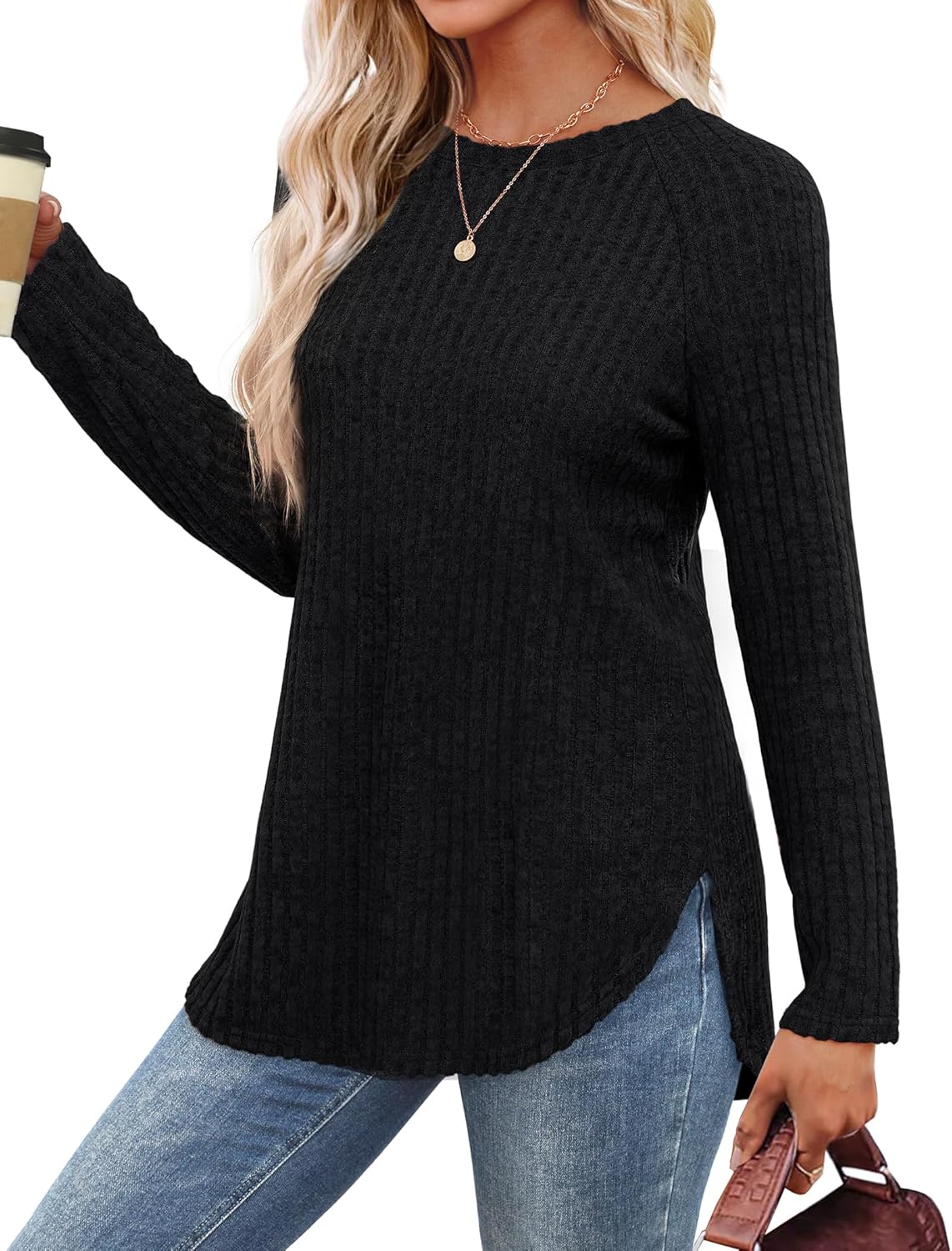Saloogoe Long Sleeve Shirts for Women 2025 Fall Clothes Tunic Tops Loose Fit Dressy Crewneck Pullover Sweaters Curved Hem