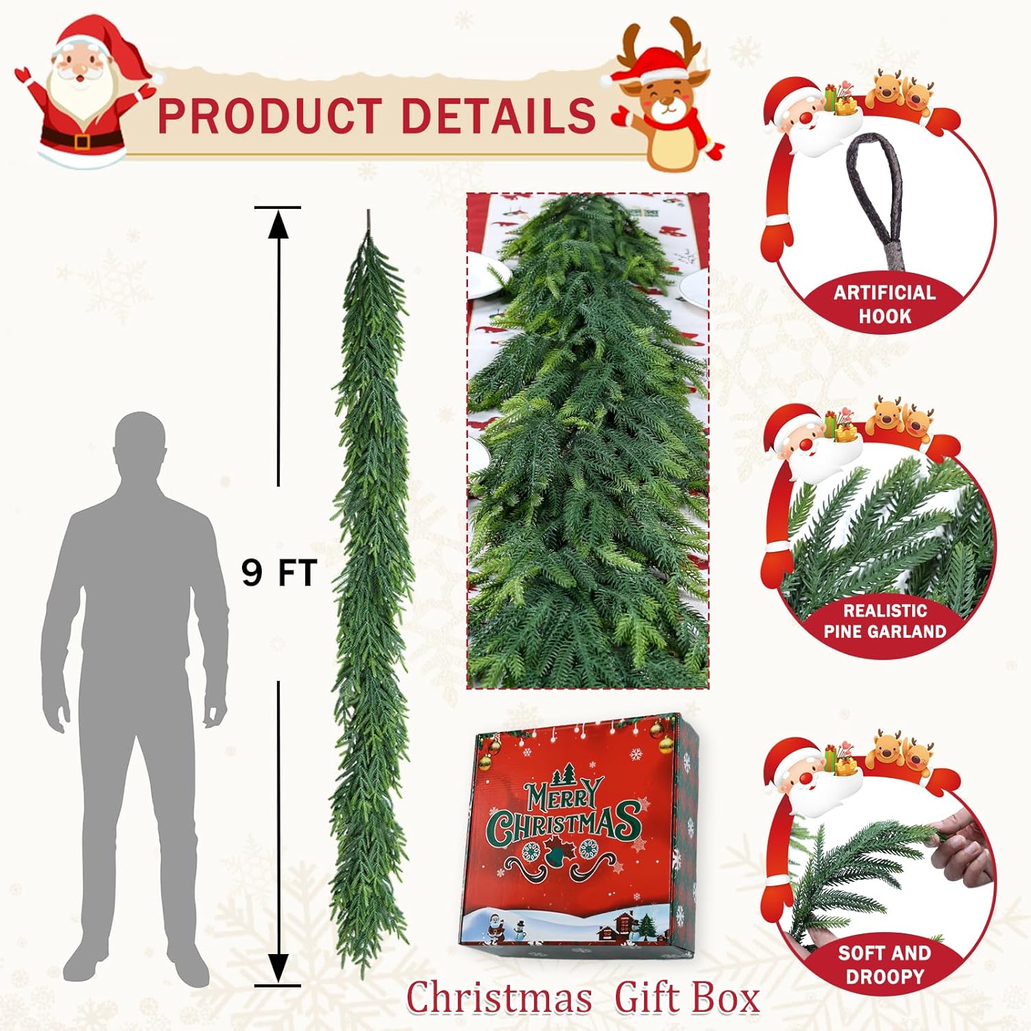Christmas Cedar Garland for Staircase Real Touch Droopy Bendable Lifelike Faux Xmas Garlands for Decoration Christmas Green Pine Mantle Garland Thanksgiving Table Decorations Outdoor Indoor 5ft