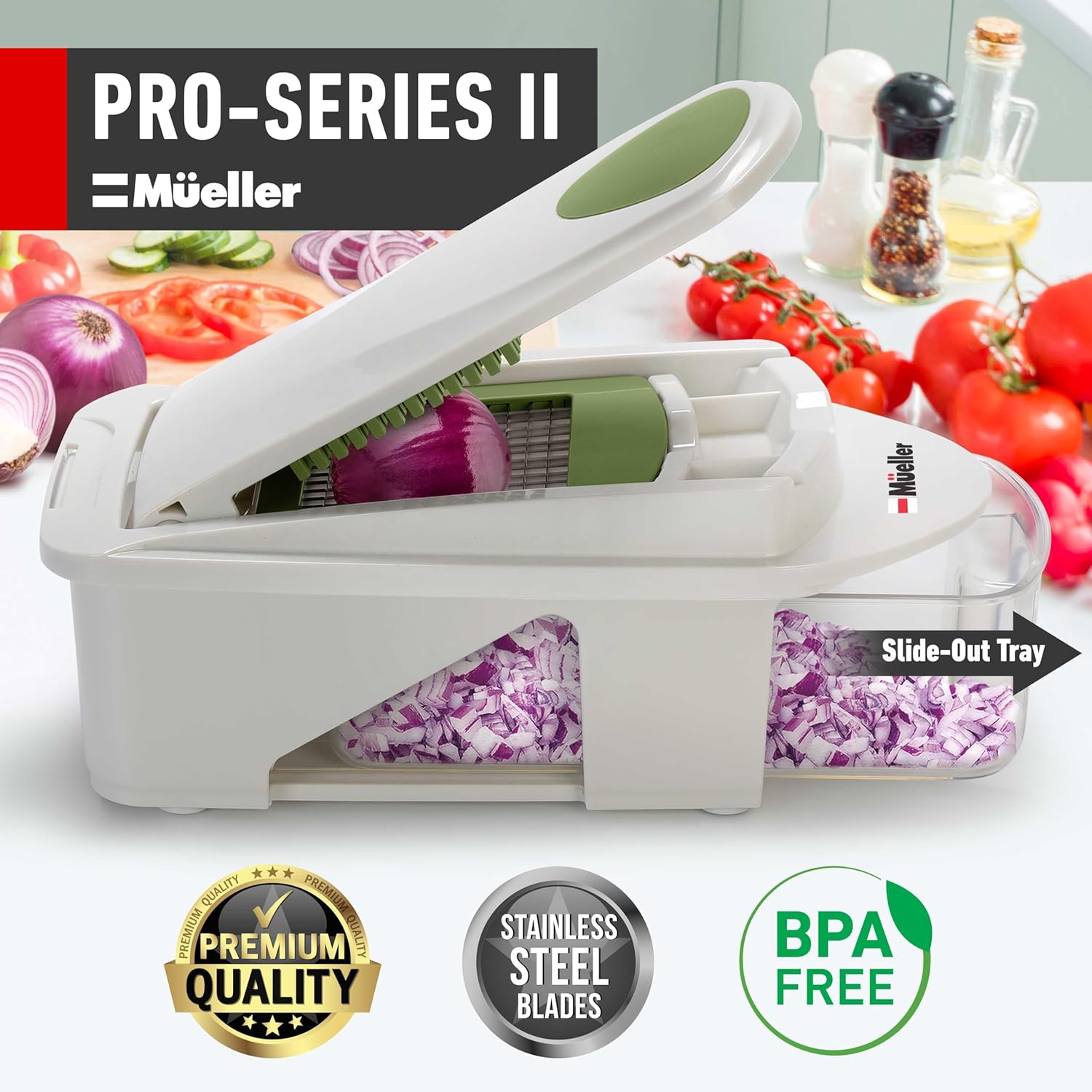 Mueller Pro-Series All-in-One, 12 Blade Mandoline Slicer for Kitchen, Food Chopper, Vegetable Slicer and Spiralizer, Cutter, Dicer, Grater, Kitchen Gadgets Sets with Container, White Sand/Gray