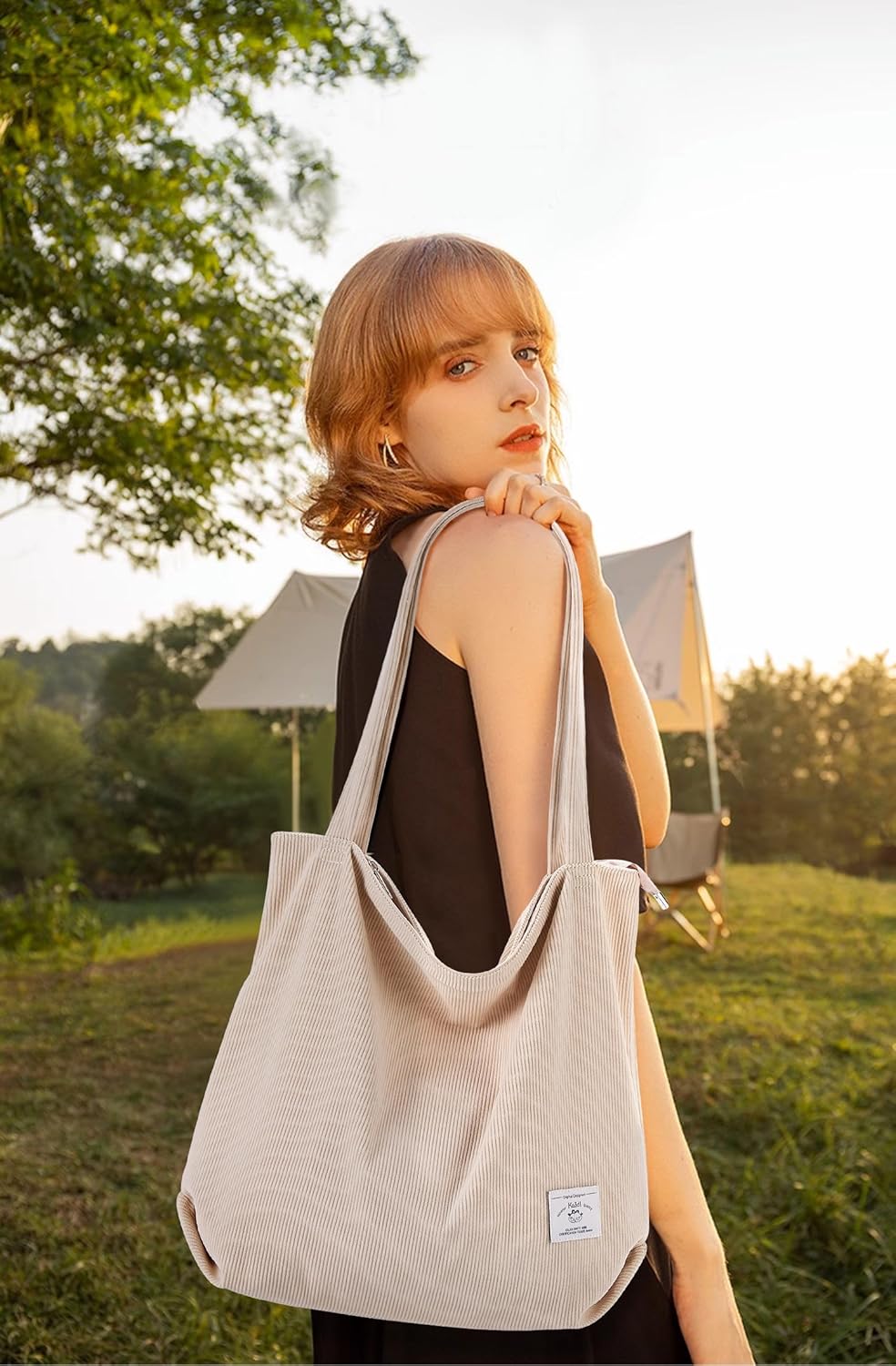 KALIDI Women Corduroy Tote Bag Zipper Casual Tote's Handbag Big Capacity Shoulder Bag with Pockets