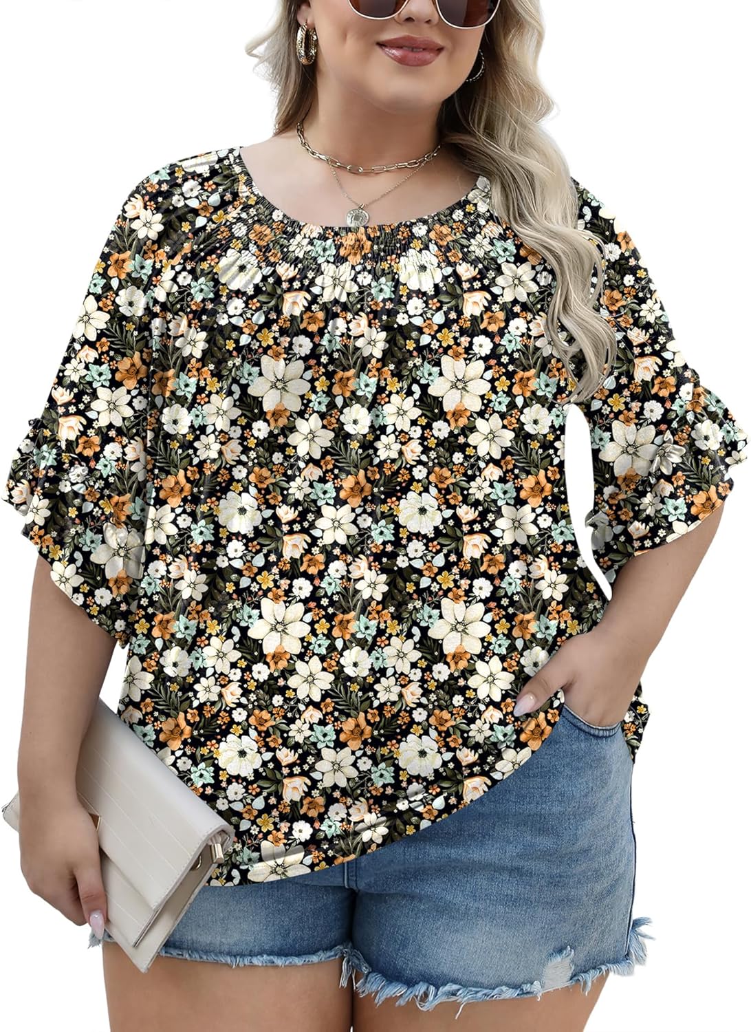 Micoson Womens Plus Size Tops 3/4 Ruffle Sleeve Shirts Crewneck Pleated Blouses Dressy Casual Fashion Tunic Top (1X-5X)