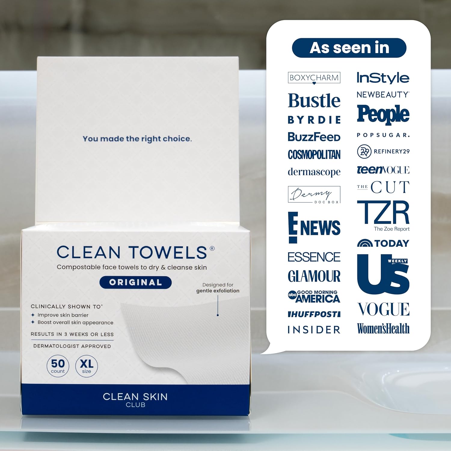 Clean Skin Club Clean Towels XL, 100% USDA Biobased Face Towel, Disposable Face Towelette, Eczema Association Accepted, Makeup Remover Dry Wipes, Ultra Soft, 1 Pack, 50 Ct