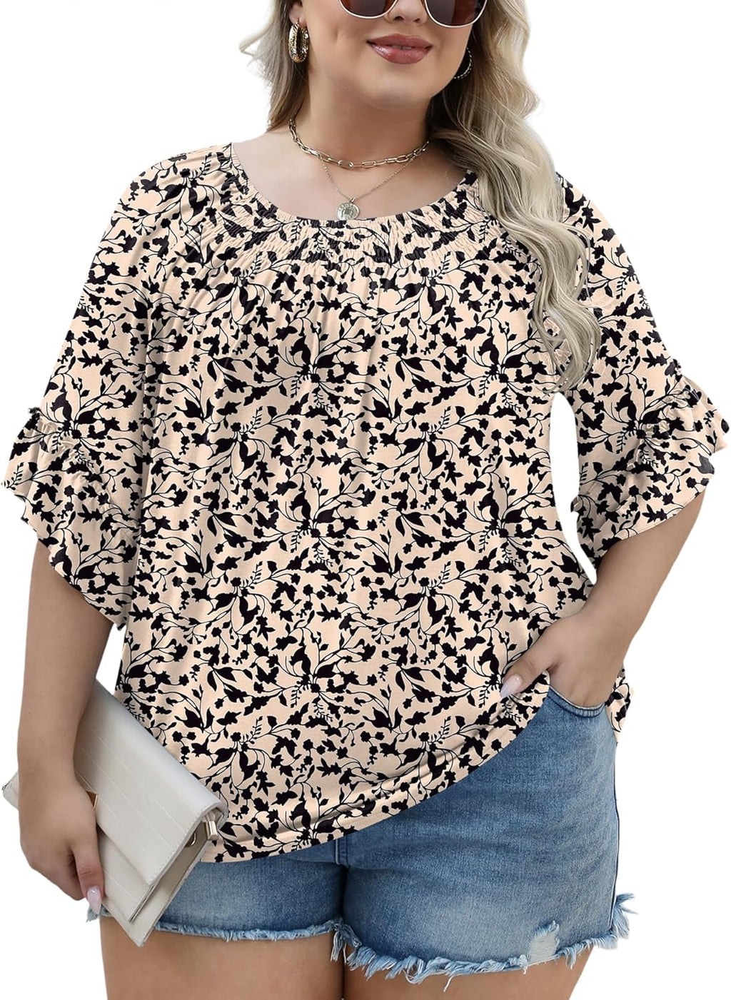 Micoson Womens Plus Size Tops 3/4 Ruffle Sleeve Shirts Crewneck Pleated Blouses Dressy Casual Fashion Tunic Top (1X-5X)