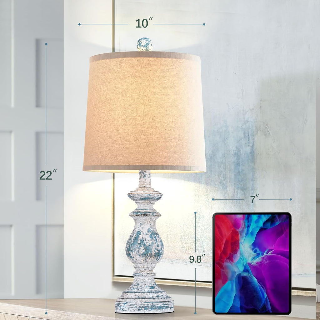 PARTPHONER Traditional Table Lamp Set of 2, Rustic Farmhouse Table Lamps for Living Room Bedroom, 22" Bedside Desk Lamps Vintage Nightstand Lamps with Linen Shades, Antique Grey