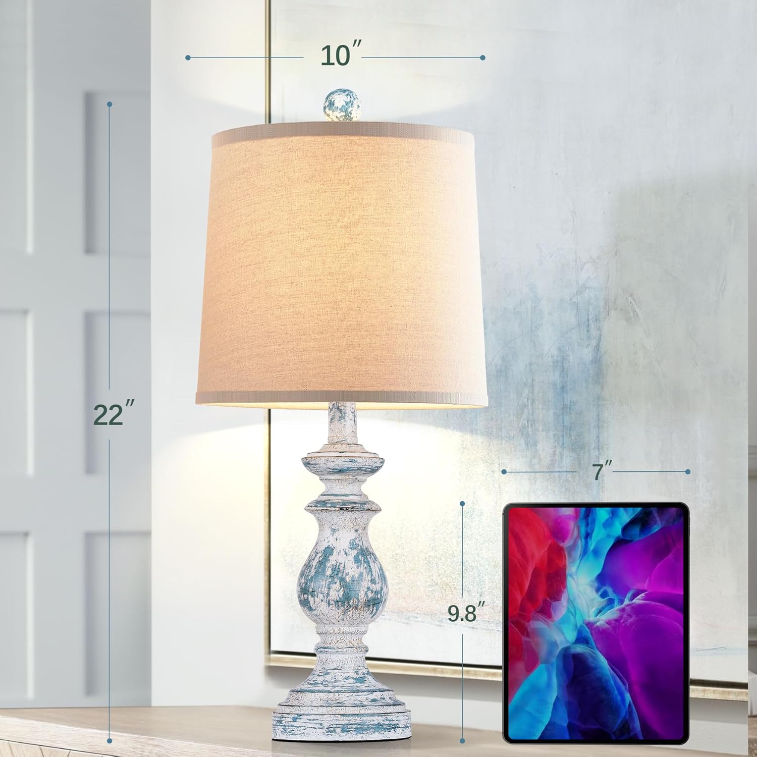 PARTPHONER Traditional Table Lamp Set of 2, Rustic Farmhouse Table Lamps for Living Room Bedroom, 22" Bedside Desk Lamps Vintage Nightstand Lamps with Linen Shades, Antique Grey