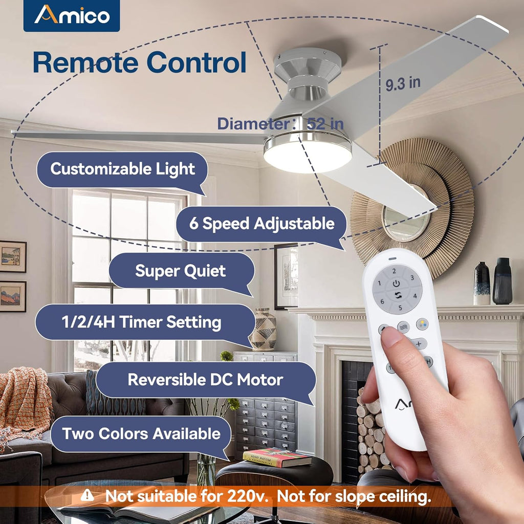Amico Ceiling Fans with Lights, 42 inch Low Profile Ceiling Fan with Light and Remote Control, Flush Mount, Reversible, 3CCT, Dimmable, Noiseless, Black Ceiling Fan for Bedroom, Indoor/Outdoor Use