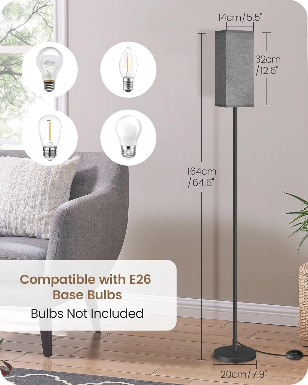 64.6" Floor Lamp, Pole with Foot Switch, Modern Standing Lamp Lampshade, Minimalist Freestanding Lamp (Bulb Not Included), for Living Room, Bedroom Office ETL Listed, Black and Beige E07LD05