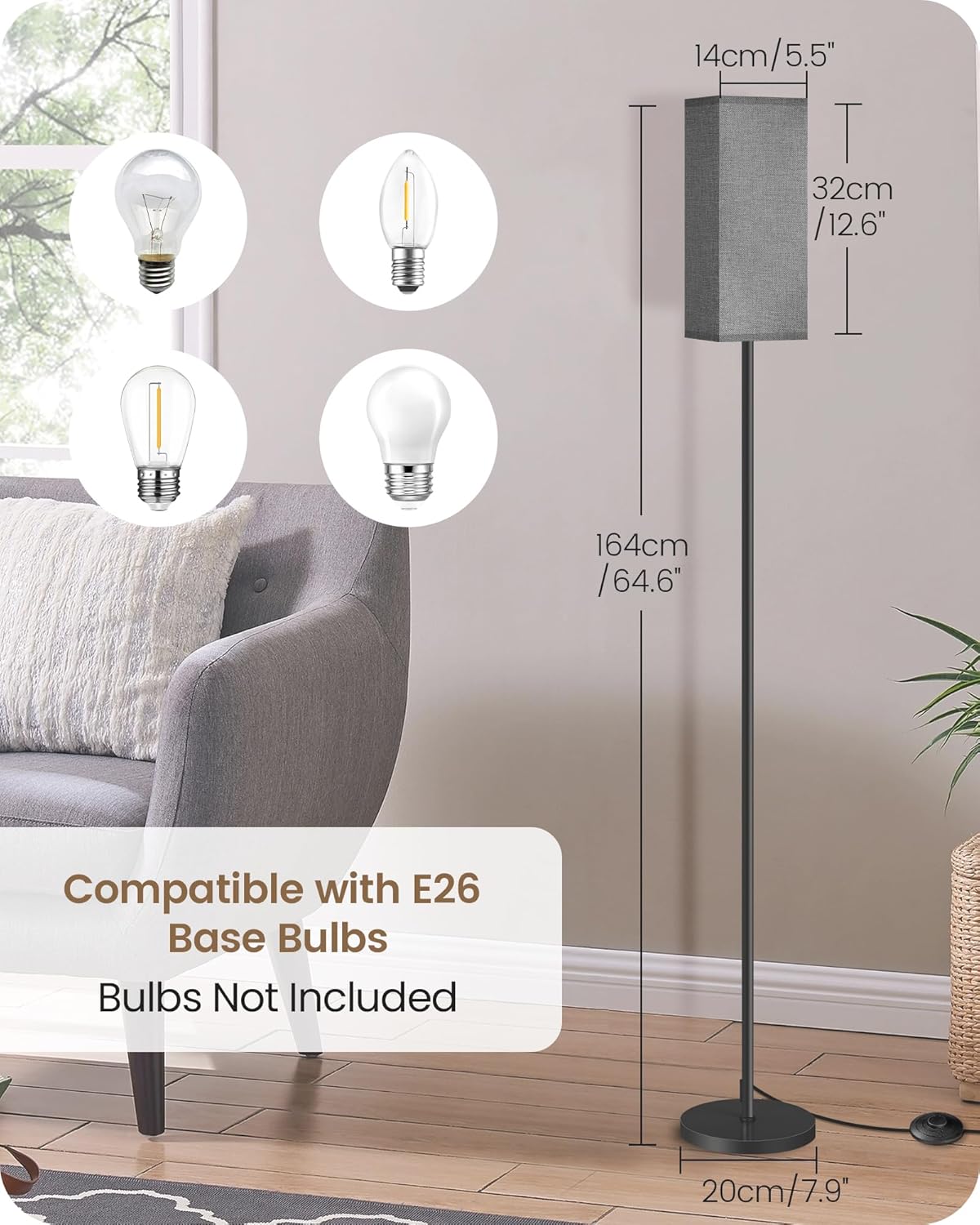 64.6" Floor Lamp, Pole with Foot Switch, Modern Standing Lamp Lampshade, Minimalist Freestanding Lamp (Bulb Not Included), for Living Room, Bedroom Office ETL Listed, Black and Beige E07LD05