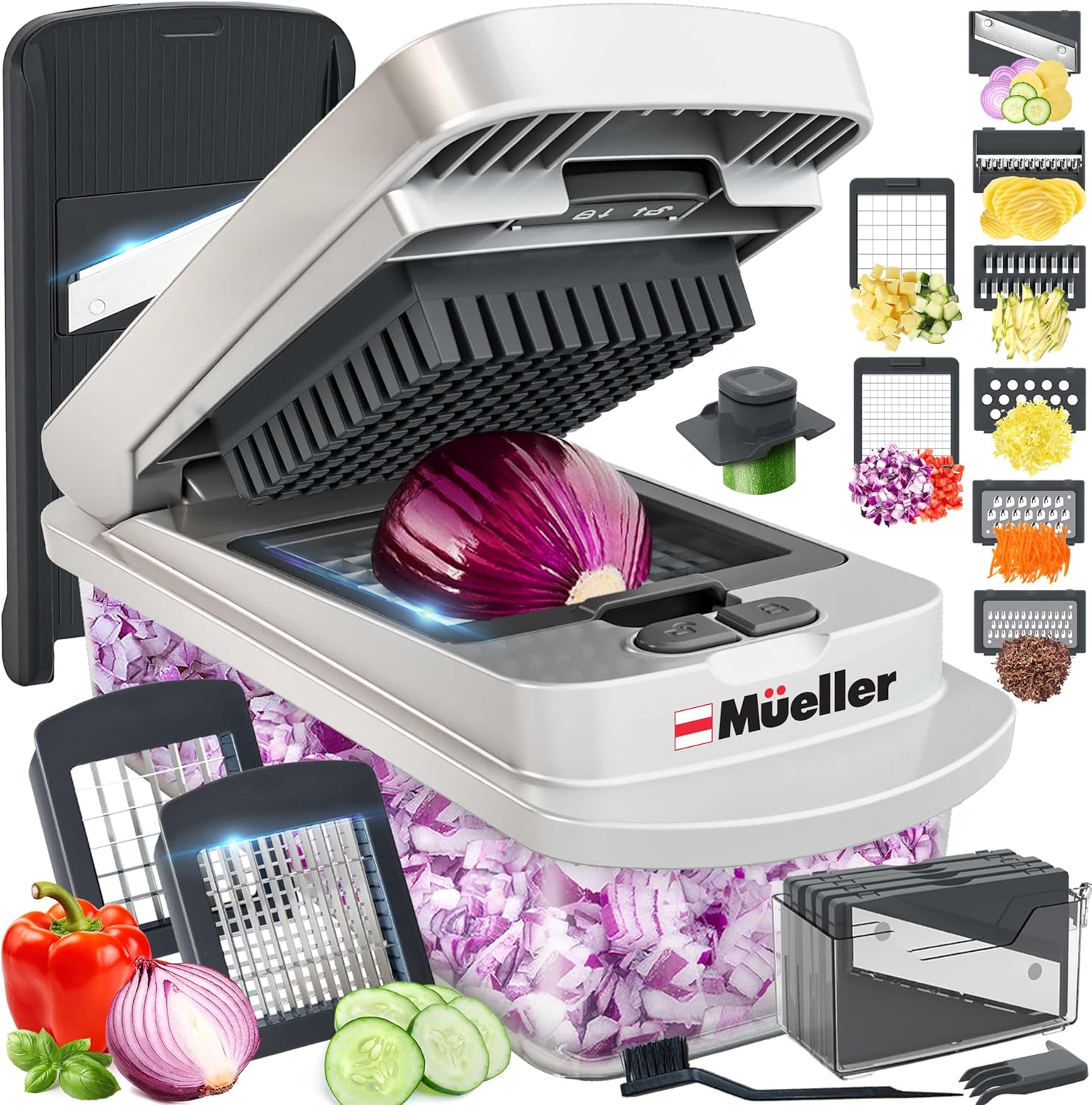 Mueller Pro-Series All-in-One, 12 Blade Mandoline Slicer for Kitchen, Food Chopper, Vegetable Slicer and Spiralizer, Cutter, Dicer, Grater, Kitchen Gadgets Sets with Container, White Sand/Gray