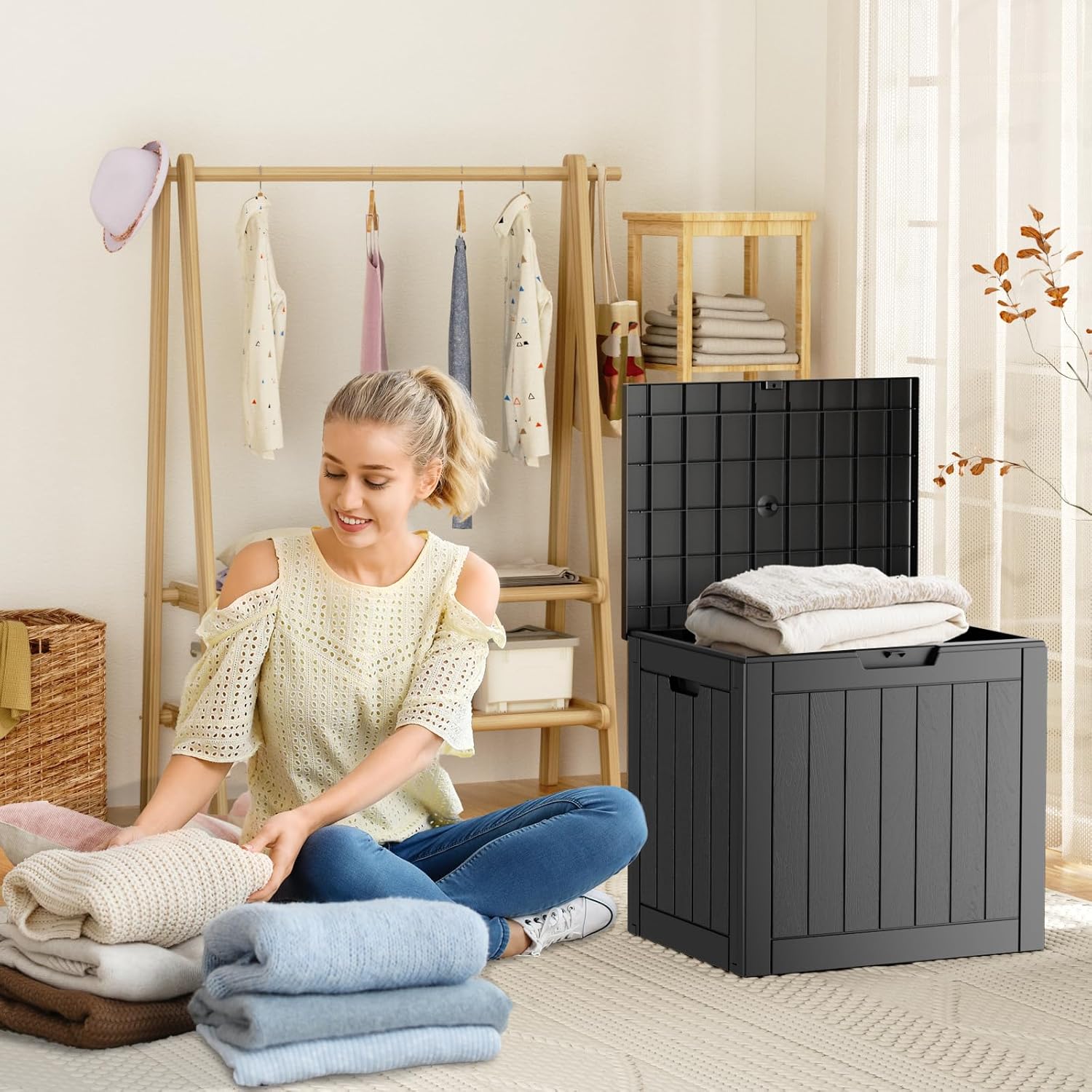 80 Gallon Resin Deck Box, Lockable Patio Outdoor Storage Box for Furniture, Garden Tools and Tools Storage, Waterproof Outside Storage Box - Black