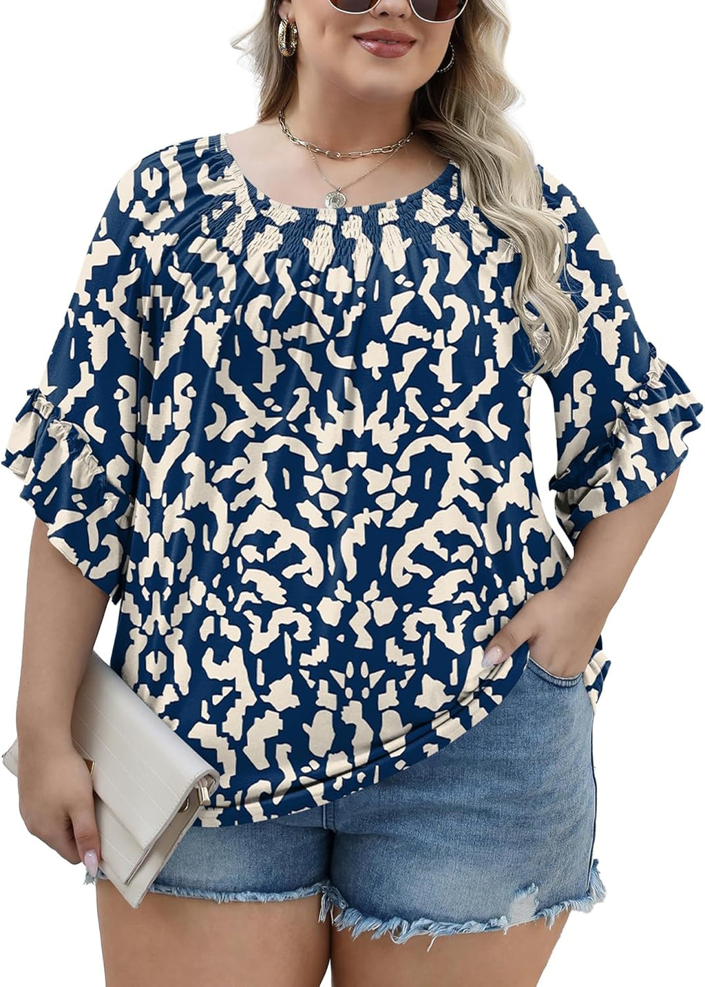 Micoson Womens Plus Size Tops 3/4 Ruffle Sleeve Shirts Crewneck Pleated Blouses Dressy Casual Fashion Tunic Top (1X-5X)