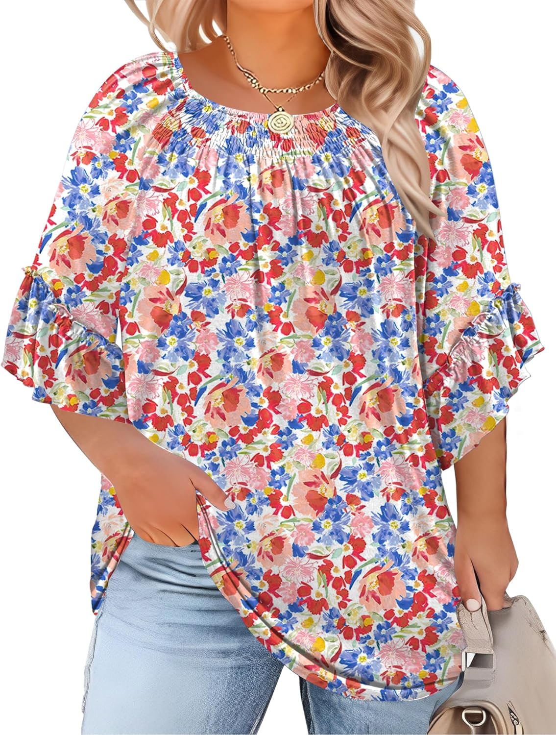 Micoson Womens Plus Size Tops 3/4 Ruffle Sleeve Shirts Crewneck Pleated Blouses Dressy Casual Fashion Tunic Top (1X-5X)