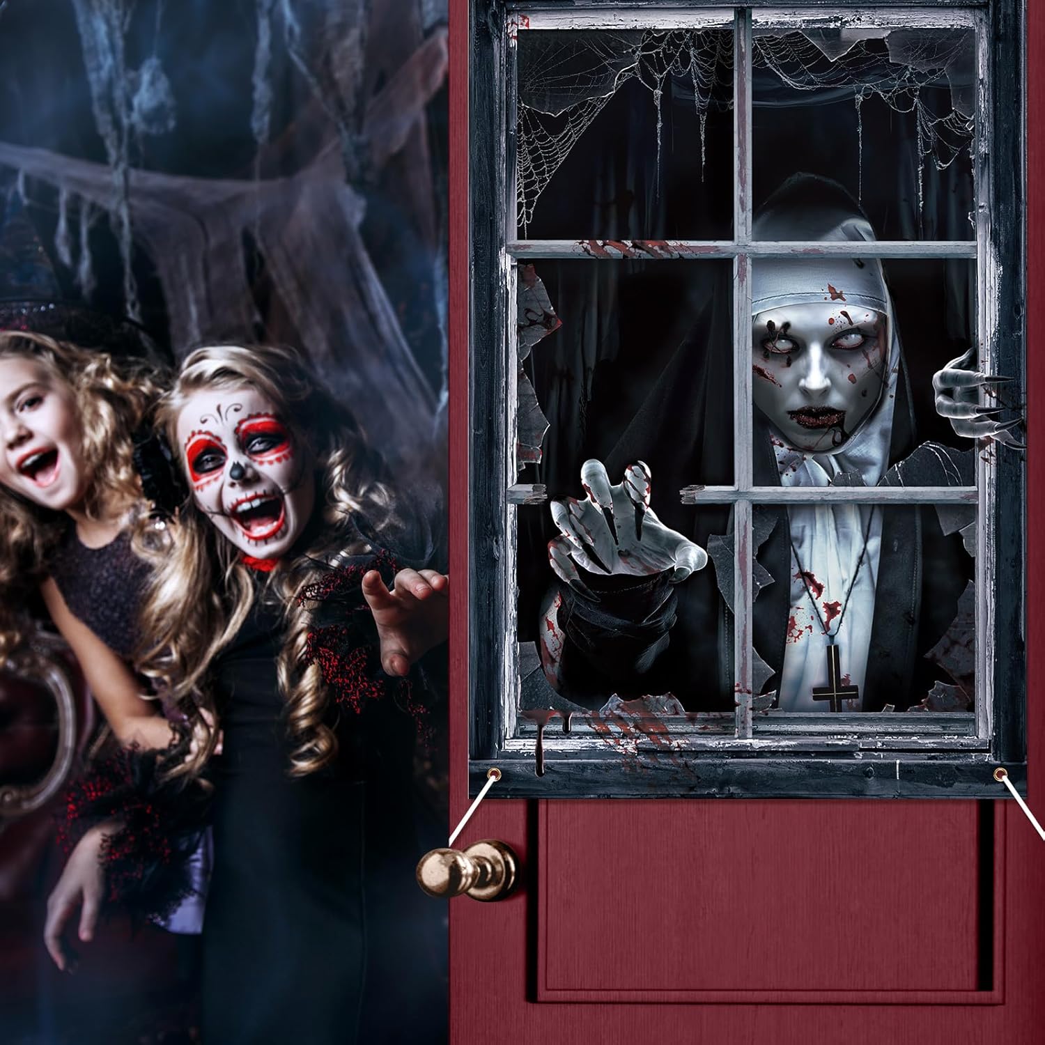 2 Pcs Halloween Clown Scary Curtain Halloween Window Silhouette Decoration Blood Ghost Window Cover Horror Theme Window Poster for Indoor Outdoor Party Wall Garage Door Decor