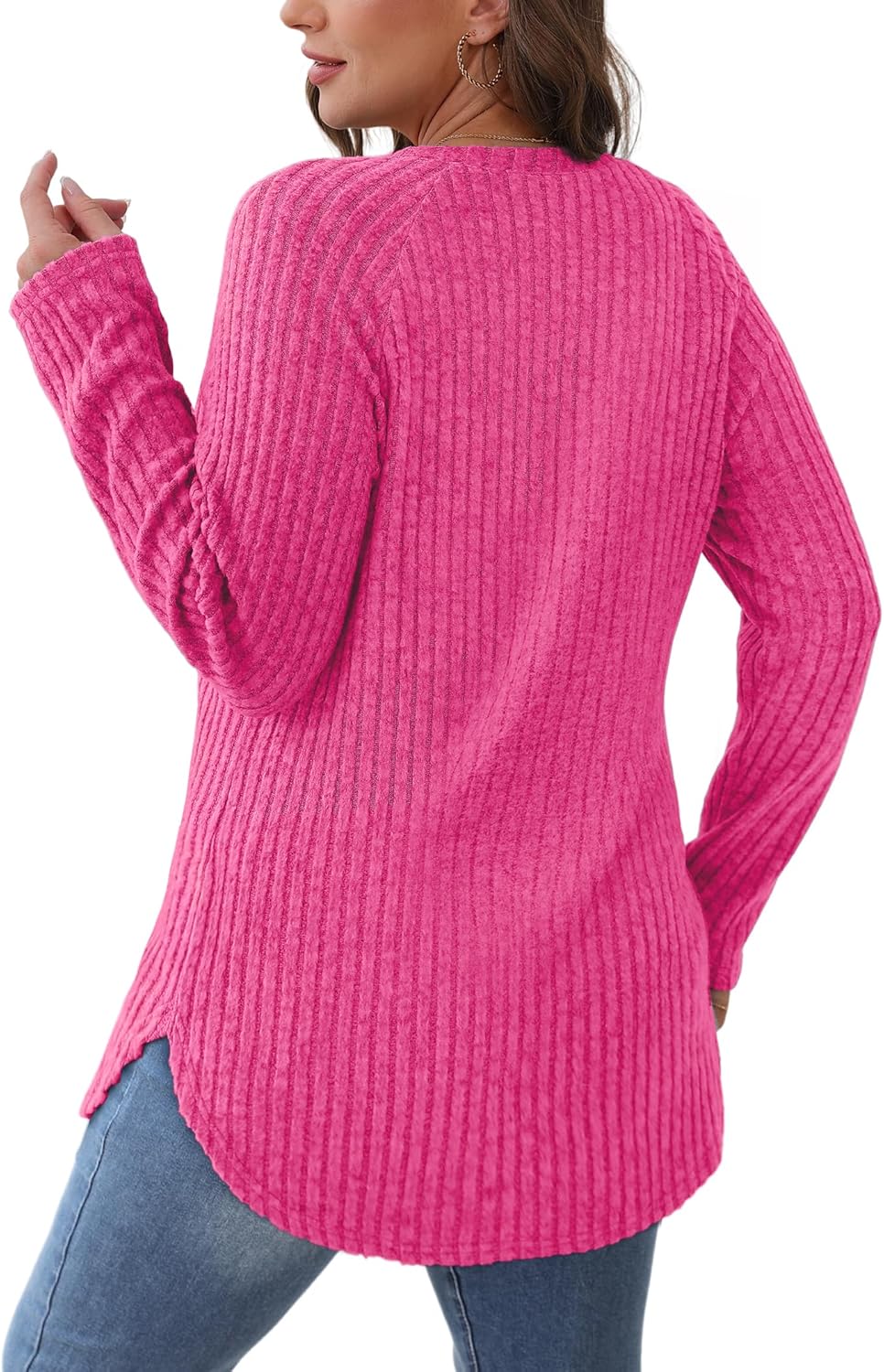 Saloogoe Long Sleeve Shirts for Women 2025 Fall Clothes Tunic Tops Loose Fit Dressy Crewneck Pullover Sweaters Curved Hem