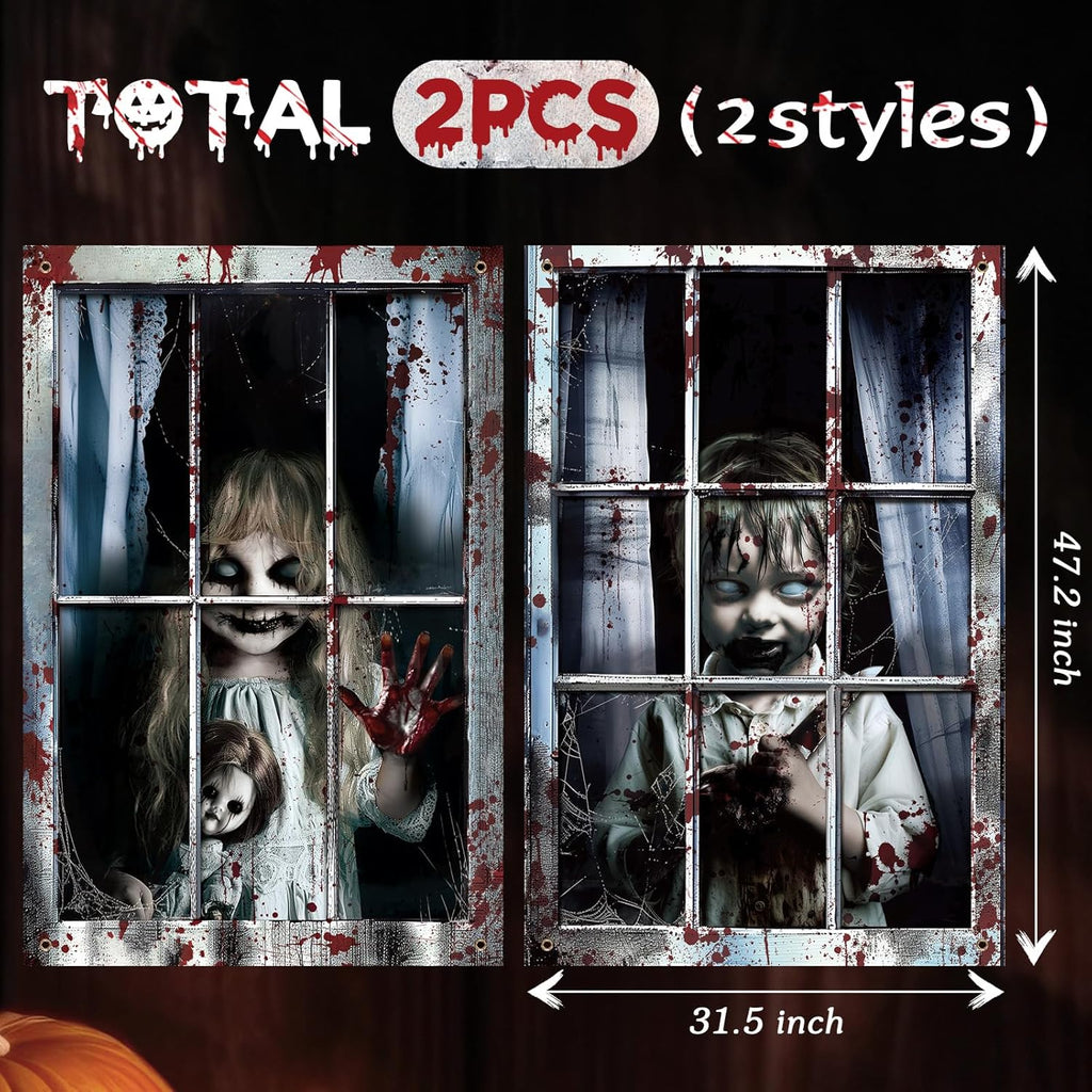 2 Pcs Halloween Clown Scary Curtain Halloween Window Silhouette Decoration Blood Ghost Window Cover Horror Theme Window Poster for Indoor Outdoor Party Wall Garage Door Decor