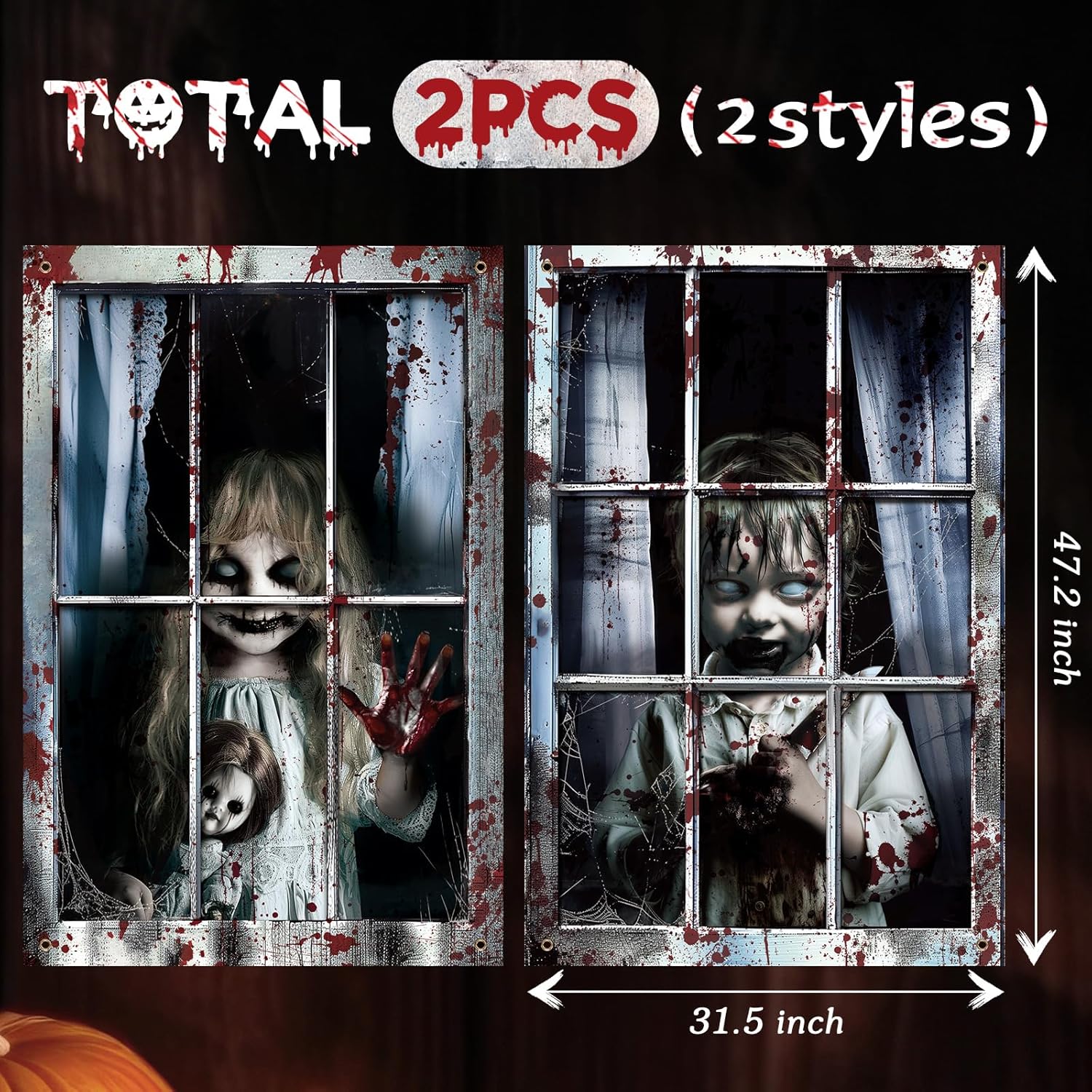 2 Pcs Halloween Clown Scary Curtain Halloween Window Silhouette Decoration Blood Ghost Window Cover Horror Theme Window Poster for Indoor Outdoor Party Wall Garage Door Decor