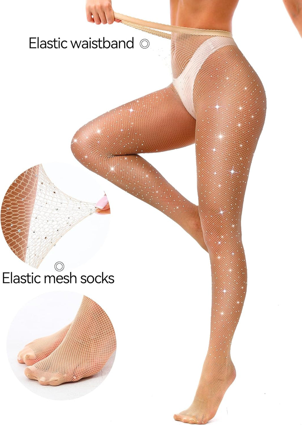 VEBZIN Sexy Sparkly Fishnets Stockings Jeweled High Waist Fishnet Tights for Women Rhinestone Party Pantyhose