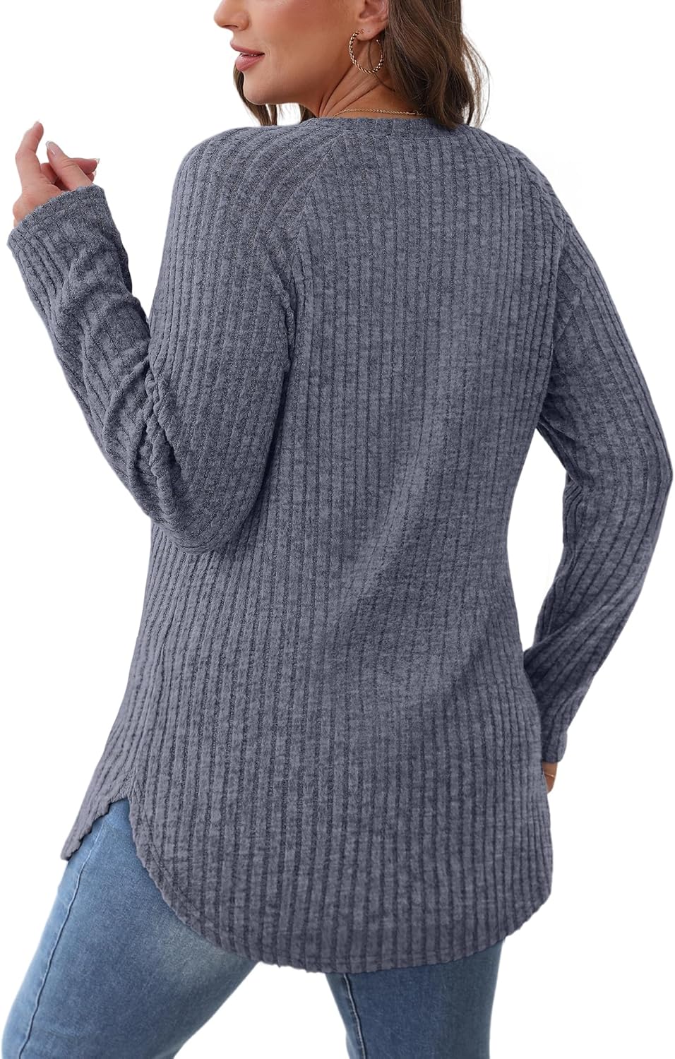 Saloogoe Long Sleeve Shirts for Women 2025 Fall Clothes Tunic Tops Loose Fit Dressy Crewneck Pullover Sweaters Curved Hem