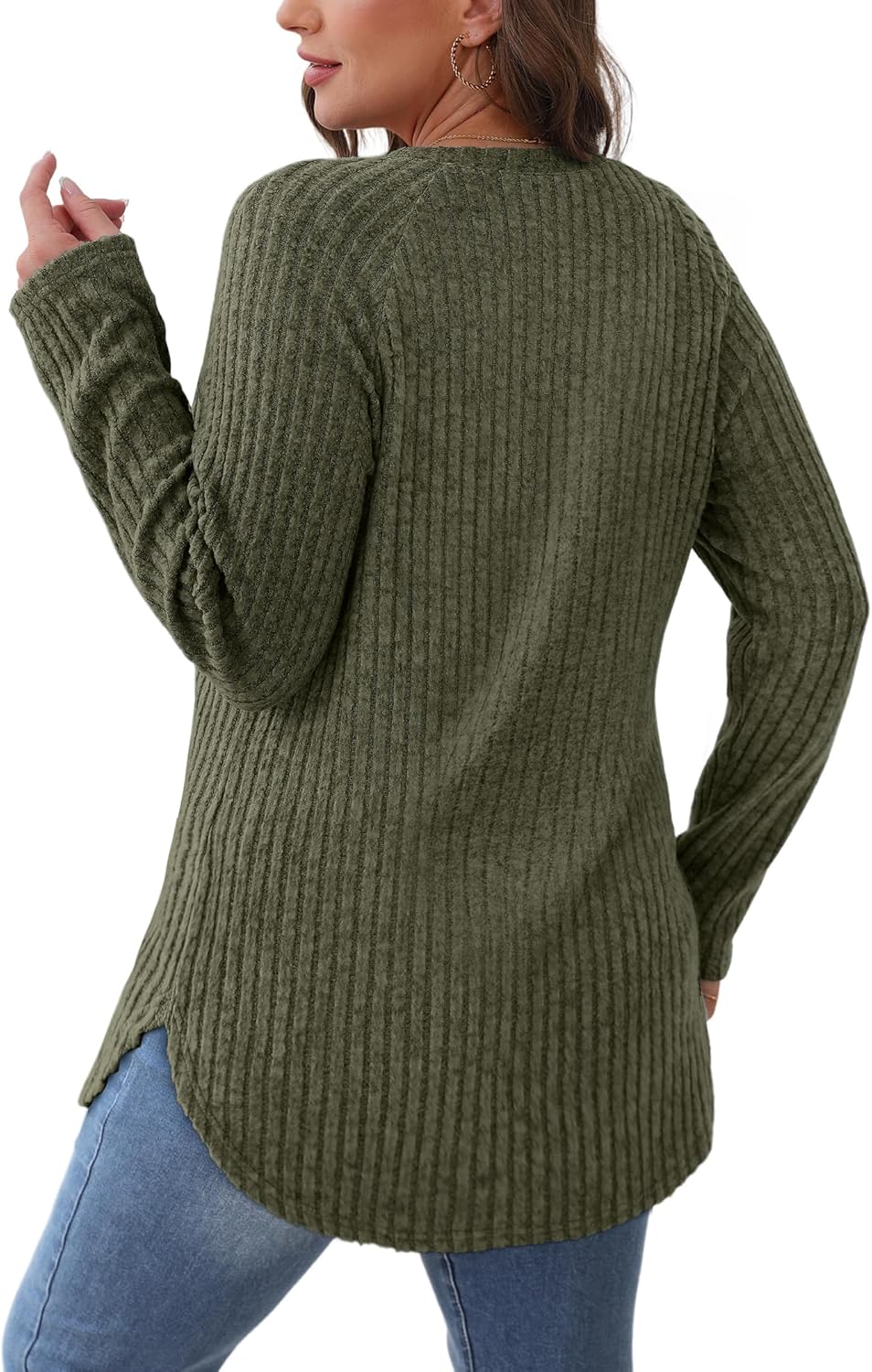 Saloogoe Long Sleeve Shirts for Women 2025 Fall Clothes Tunic Tops Loose Fit Dressy Crewneck Pullover Sweaters Curved Hem