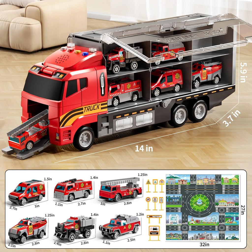 Toddler Boys Construction Truck Vehicle Toy Set with Play Mat and Die-Cast Toy Car, Transport Carrier Truck for Kids 3-5, Birthday Gifts Toys for 3-8 Year Old Boys