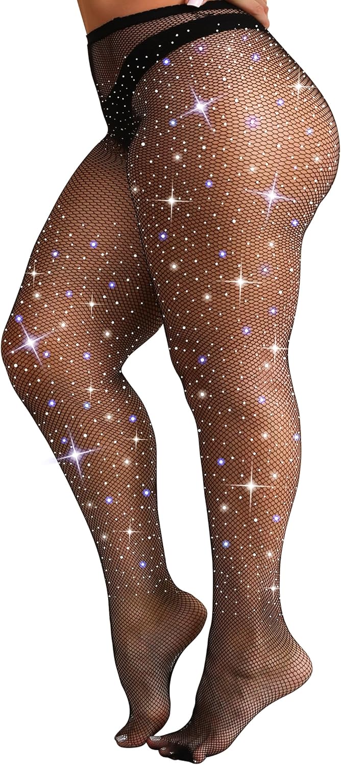 VEBZIN Sexy Sparkly Fishnets Stockings Jeweled High Waist Fishnet Tights for Women Rhinestone Party Pantyhose