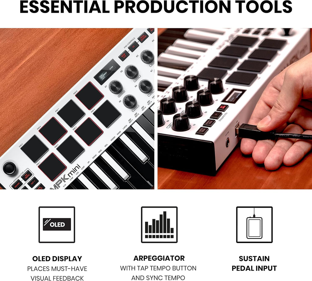 Akai Professional MPK Mini MK3 - 25 Key USB MIDI Keyboard Controller With 8 Backlit Drum Pads, 8 Knobs, Music Production Software and Native Instruments Sound Package (NKS Integration)