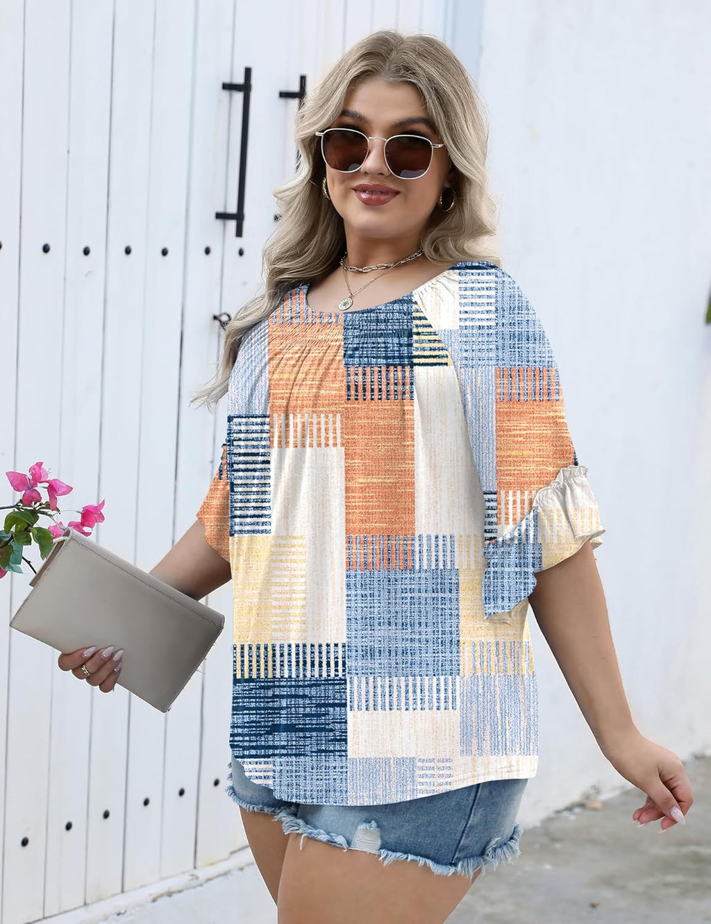 Micoson Womens Plus Size Tops 3/4 Ruffle Sleeve Shirts Crewneck Pleated Blouses Dressy Casual Fashion Tunic Top (1X-5X)