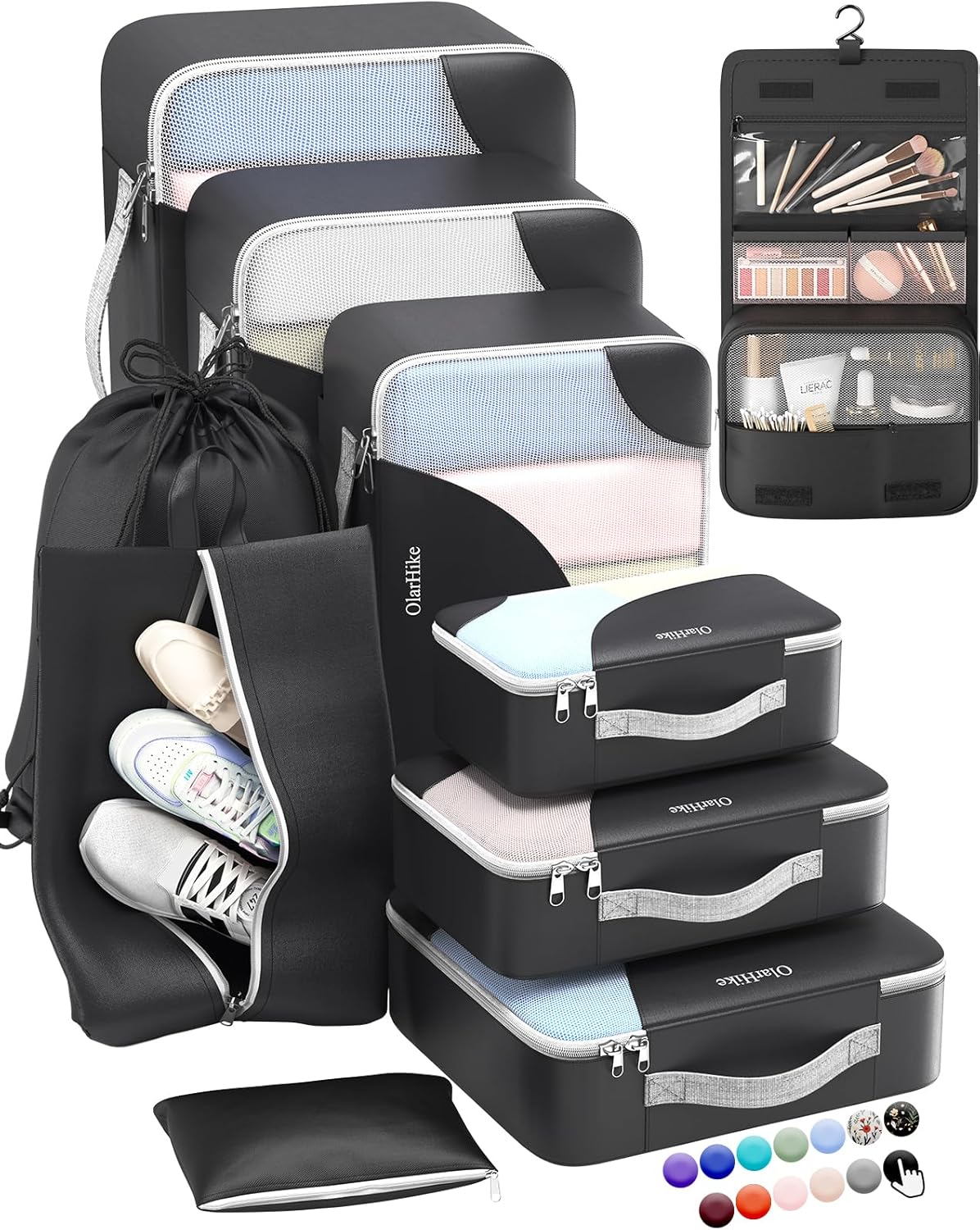 10 Set/8 Set Packing Cubes for Travel, Gifts for Women Mom,Anti-Tearing Suitcase Organizer for Luggage with Shoe & Hanging Toiletry Bag,OlarHike Vacation Essentials & Accessories for Cruise Ship,Cream