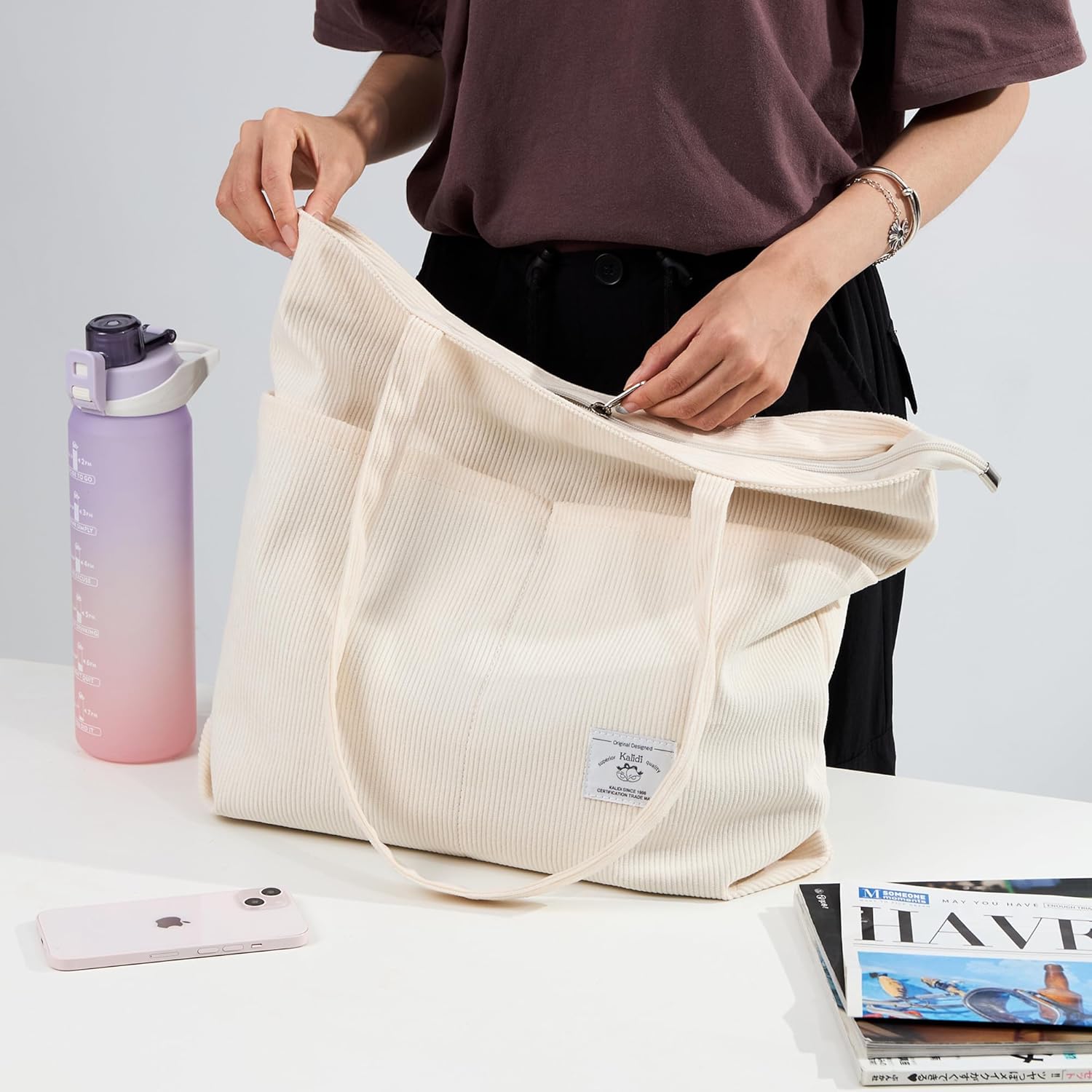 KALIDI Women Corduroy Tote Bag Zipper Casual Tote's Handbag Big Capacity Shoulder Bag with Pockets