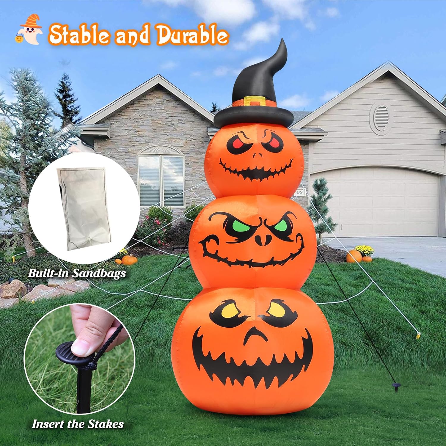 8FT Halloween Inflatables Spider Outdoor Decorations for Yard, Giant Blow up Green Spider with Rotating Fire Flame Light, Large Spooky Spider Props for Halloween Party Garden Lawn House Holiday Decor