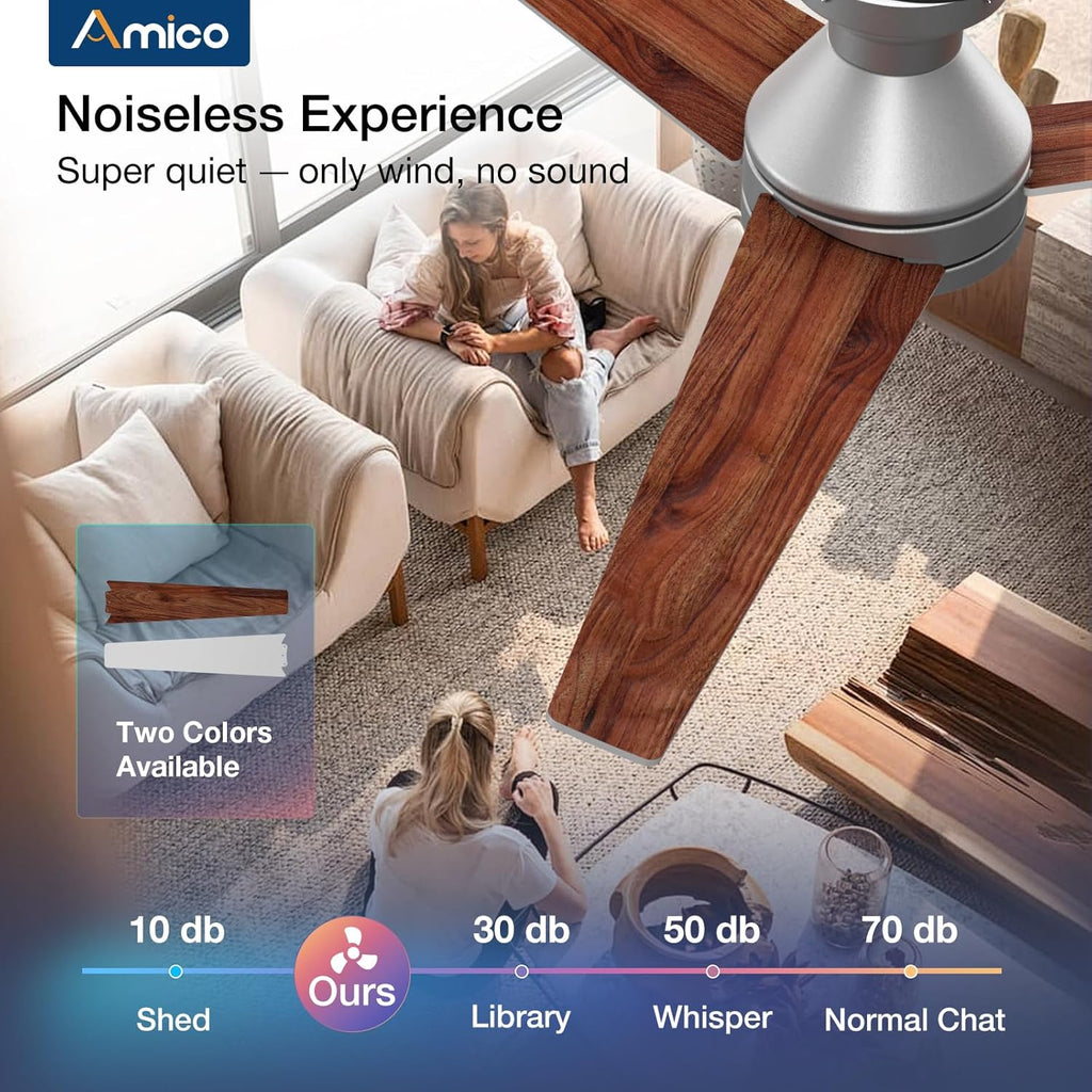 Amico Ceiling Fans with Lights, 42 inch Low Profile Ceiling Fan with Light and Remote Control, Flush Mount, Reversible, 3CCT, Dimmable, Noiseless, Black Ceiling Fan for Bedroom, Indoor/Outdoor Use