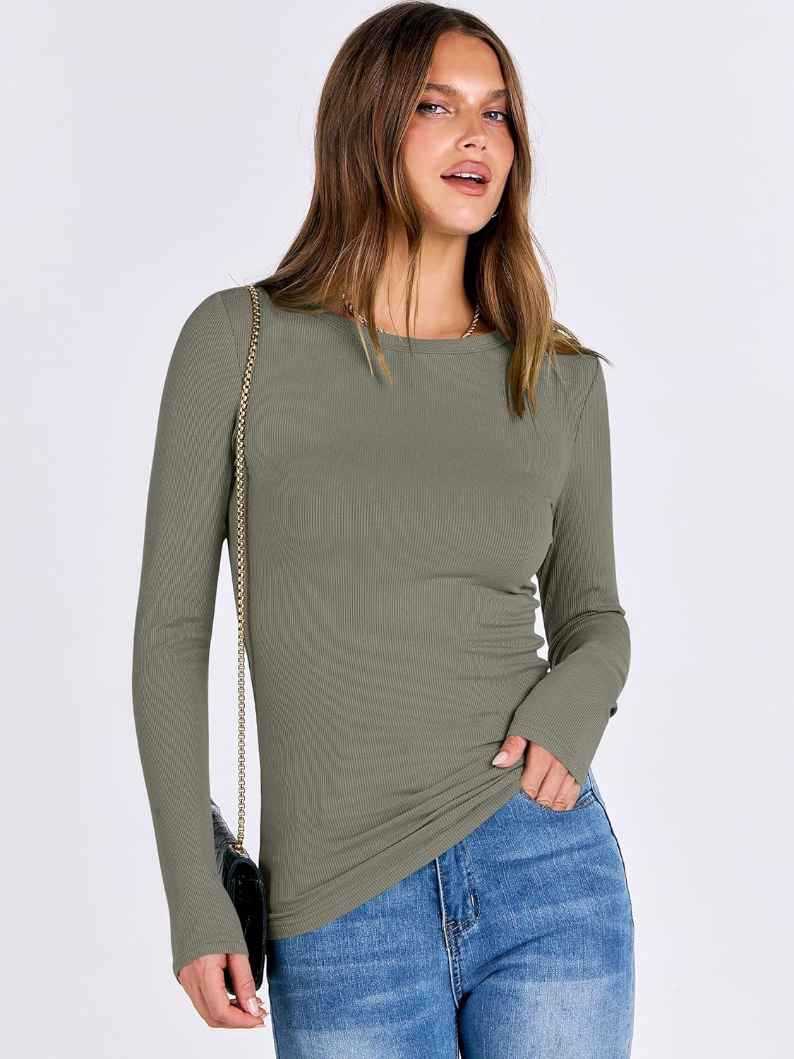 ANRABESS Women Long Sleeve Shirts Rib Knit Slim Fit Tops Basic Tee 2025 Fall Outfits Casual T-Shirt Underscrubs Layer Clothes