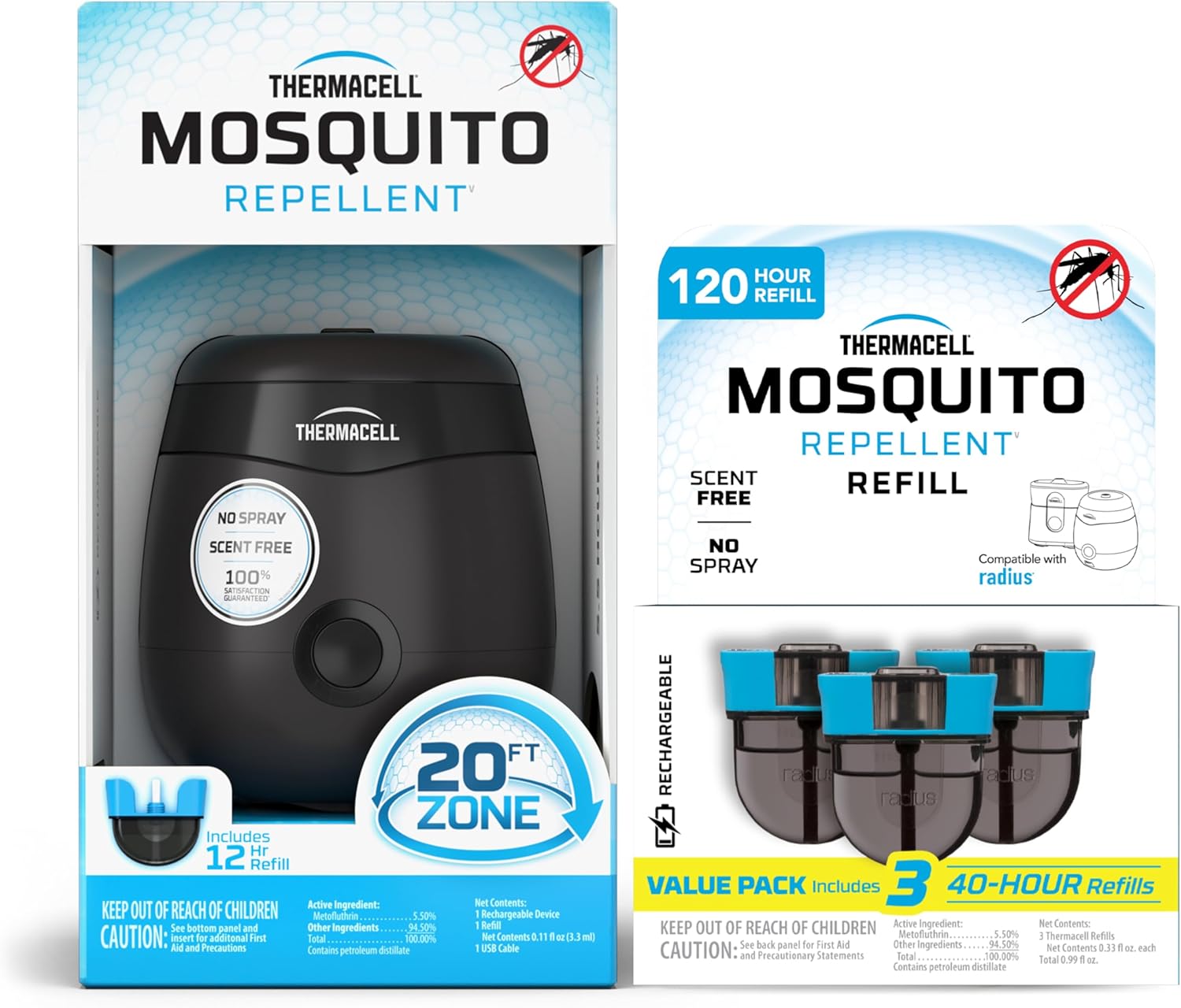 Thermacell Rechargeable Mosquito Repeller Refills; Advanced Repellent Formula Provides 20 Foot Protection Zone; Compatible with Thermacell E-Series & Radius Only; No DEET, Spray or Flame