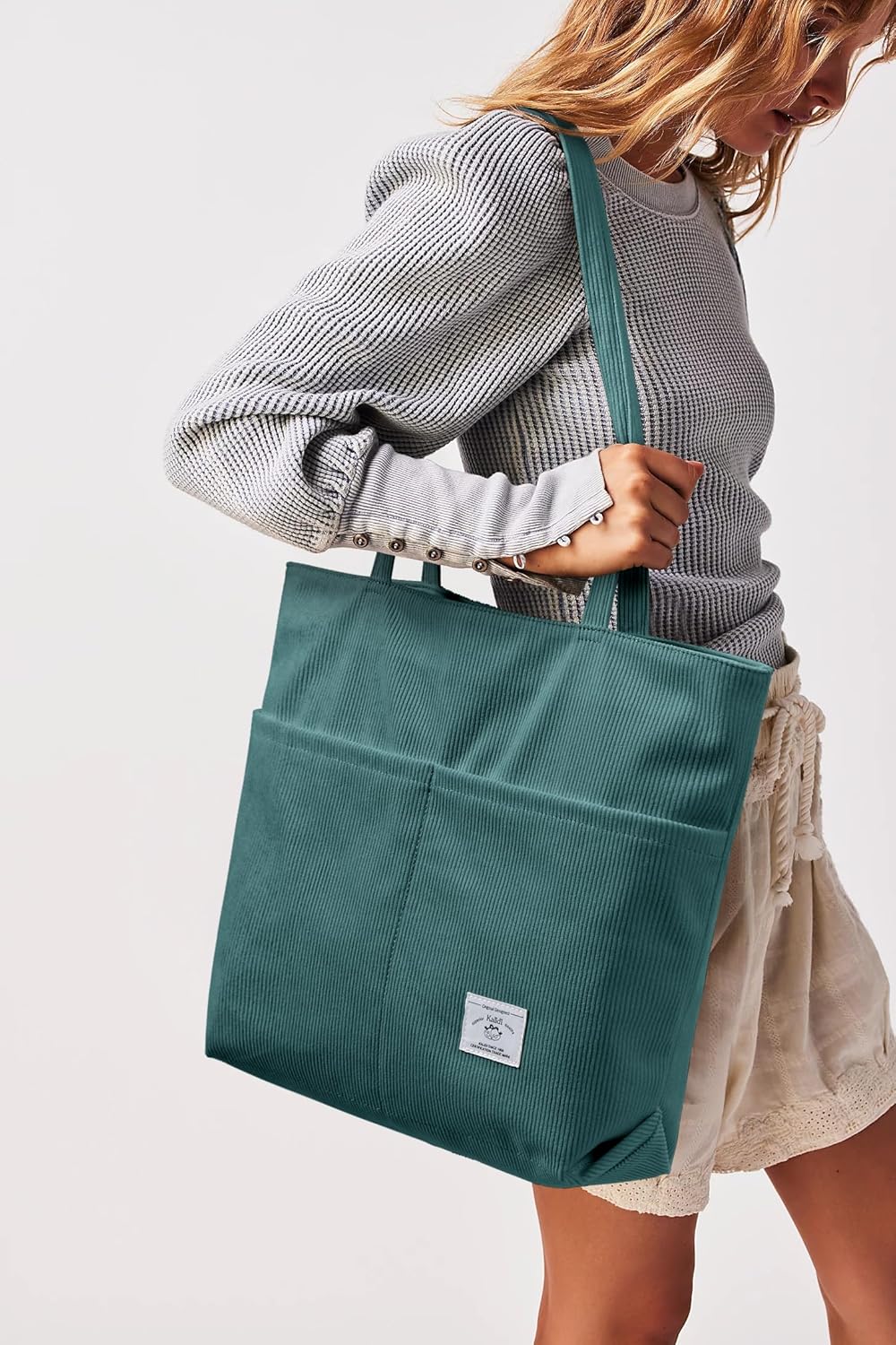KALIDI Women Corduroy Tote Bag Zipper Casual Tote's Handbag Big Capacity Shoulder Bag with Pockets