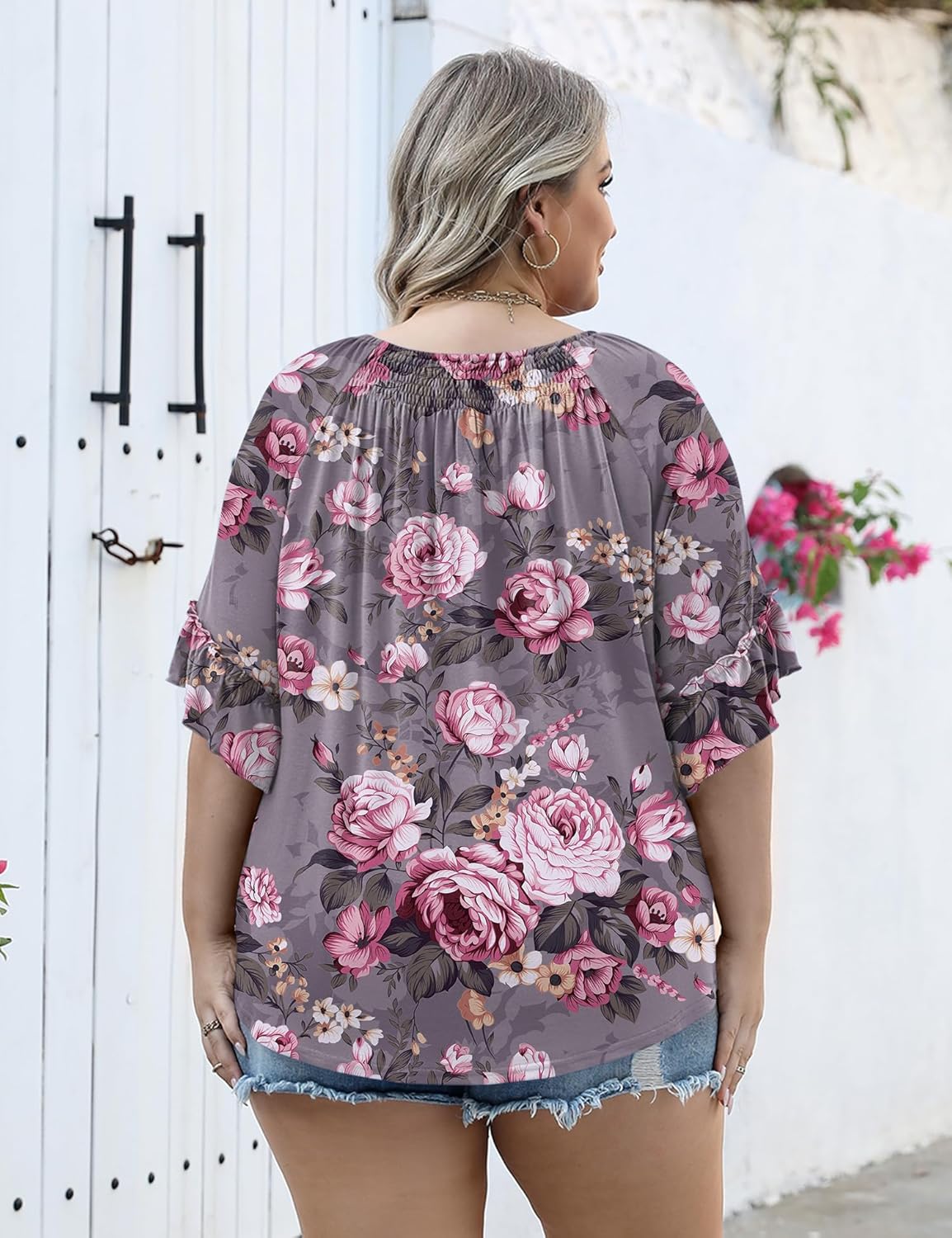 Micoson Womens Plus Size Tops 3/4 Ruffle Sleeve Shirts Crewneck Pleated Blouses Dressy Casual Fashion Tunic Top (1X-5X)