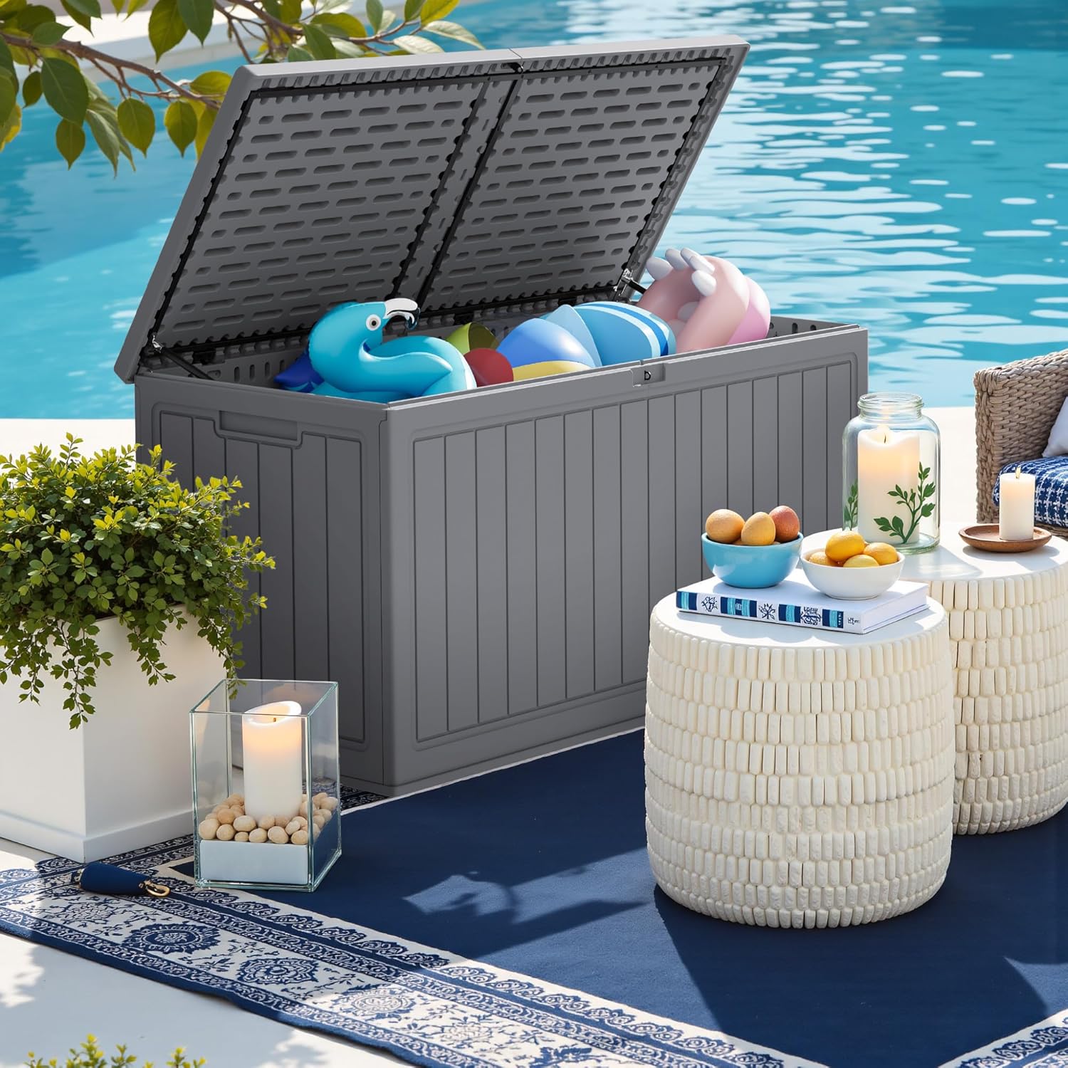 Greesum 31 Gallon Resin Deck Box Large Outdoor Storage for Patio Furniture, Garden Tools, Pool Supplies, Weatherproof and UV Resistant, Lockable, Dark Black